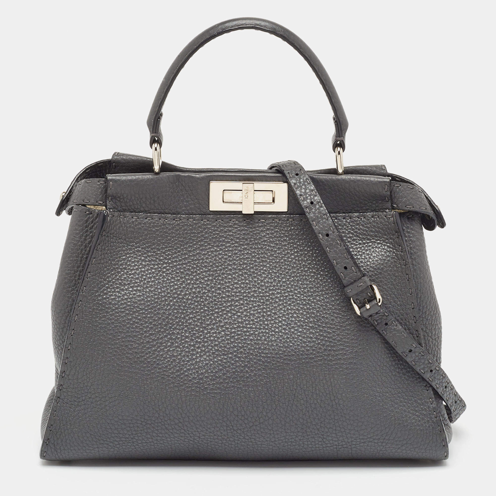 Pre Owned Fendi Grey Selleria Leather Medium Peekaboo Top Handle Bag
