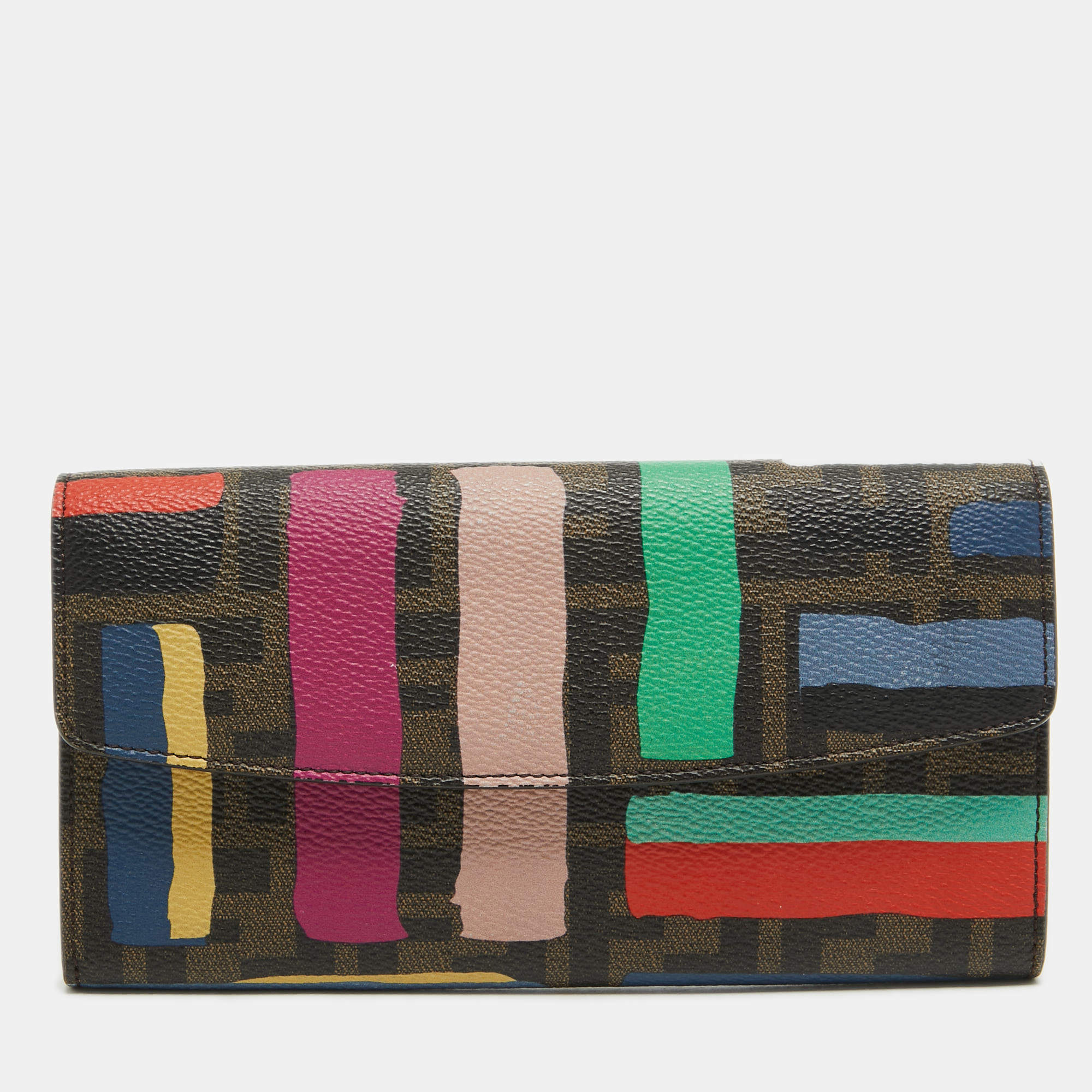 Pre Owned Fendi Multicolor Zucca Print Coated Canvas Flap Continental Wallet