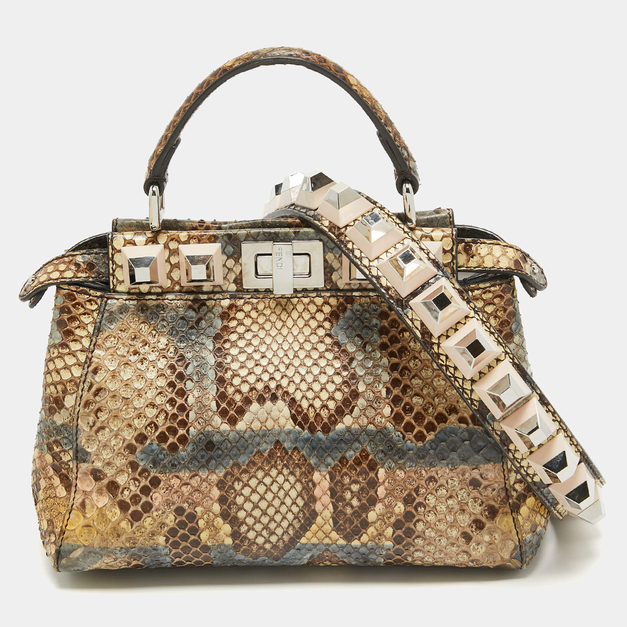مملوكة مسبقًا Fendi Beige/Multicolor Python Mini Applique Peekaboo Top Handle Bag