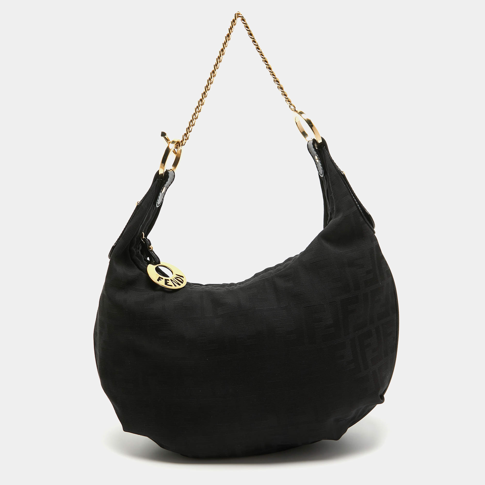 Pre Owned Fendi Black Zucca Canvas and Leather Chef Chain Link Hobo