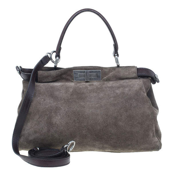 Pre Owned Fendi Grey Suede Medium Peekaboo Top Handle Bag