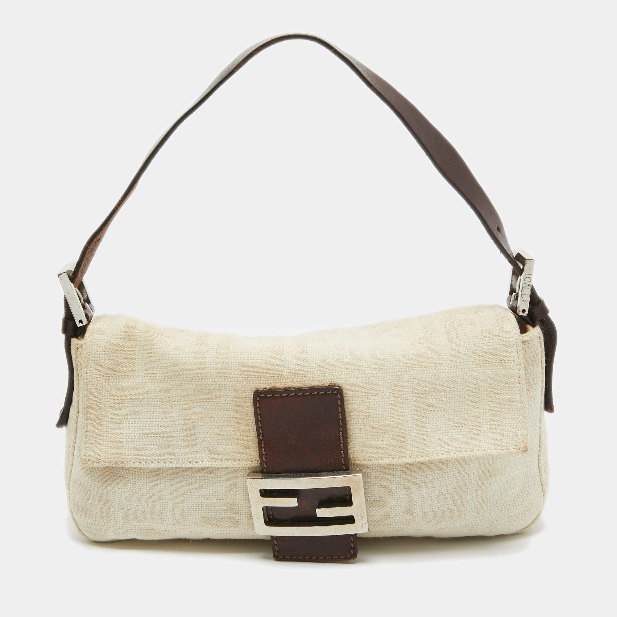 Pre Owned Fendi Beige/Brown Zucca Canvas and Leather Vintage Baguette Bag