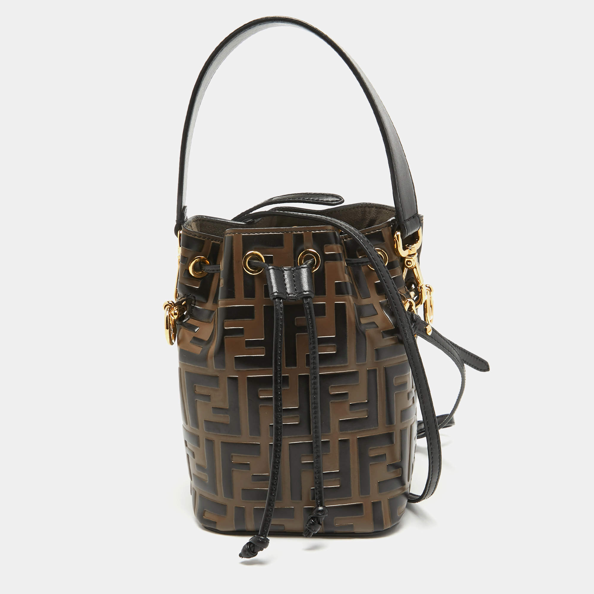 Pre Owned Fendi Brown/Black Zucca Leather Mini Mon Tresor Drawstring Bucket Bag