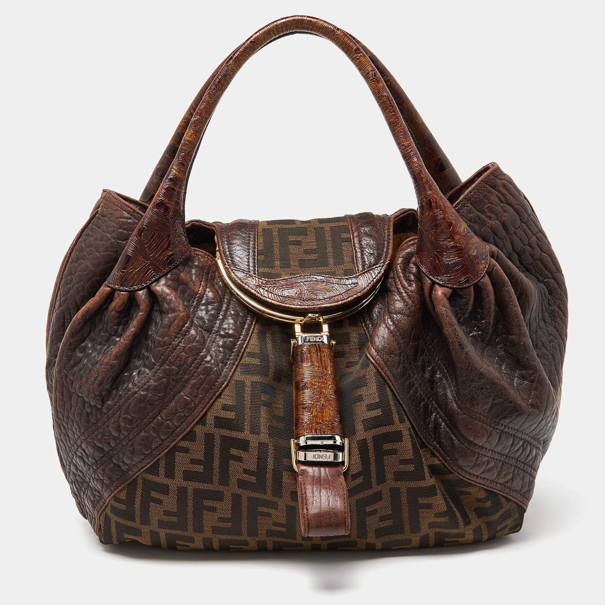 Pre Owned Fendi Tobacco Zucca Canvas and Leather Spy Bag