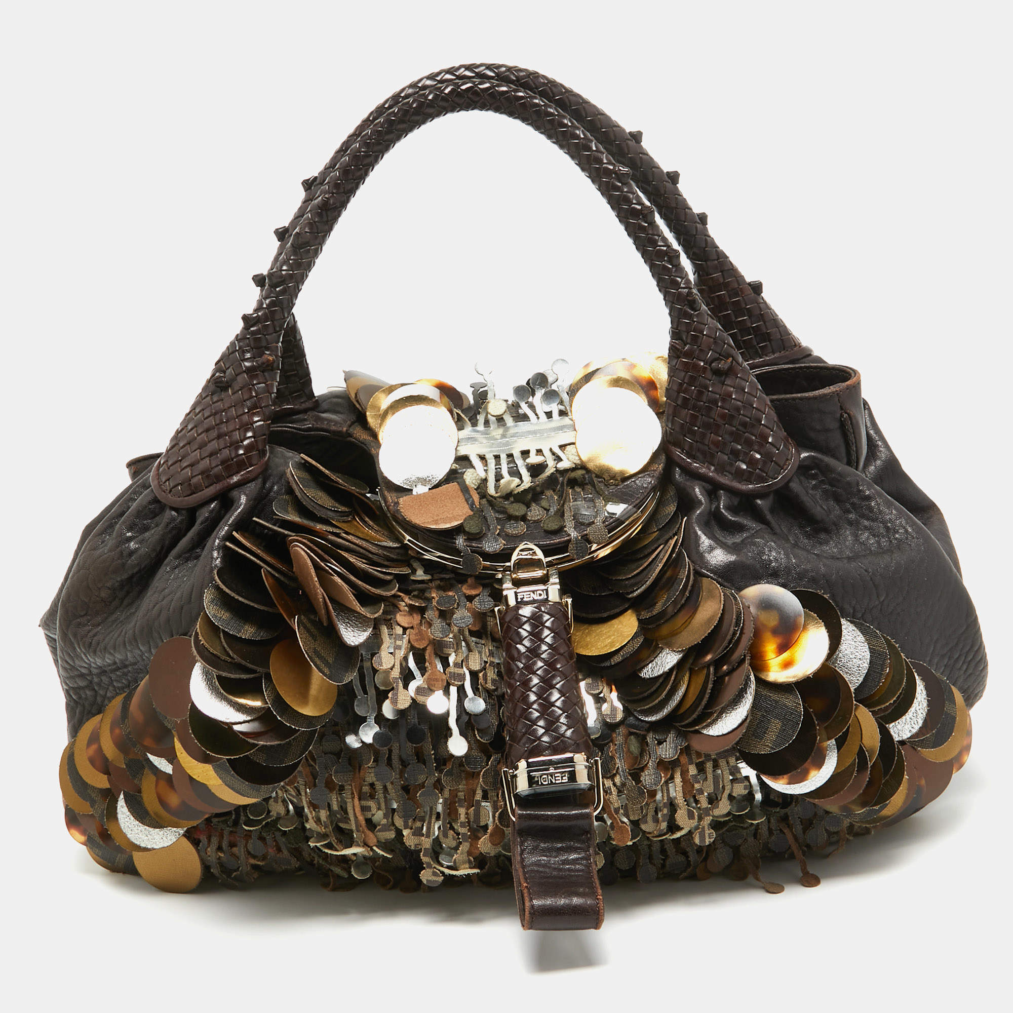 Pre Owned Fendi Choco Brown Leather and Zucca Canvas Embellished Spy Bag