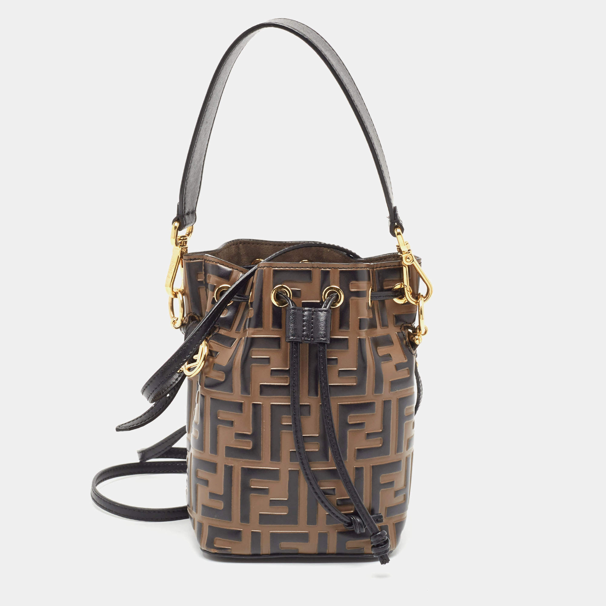 Pre Owned Fendi Brown/Black Zucca Embossed Leather Mini Mon Tresor Drawstring Bucket Bag