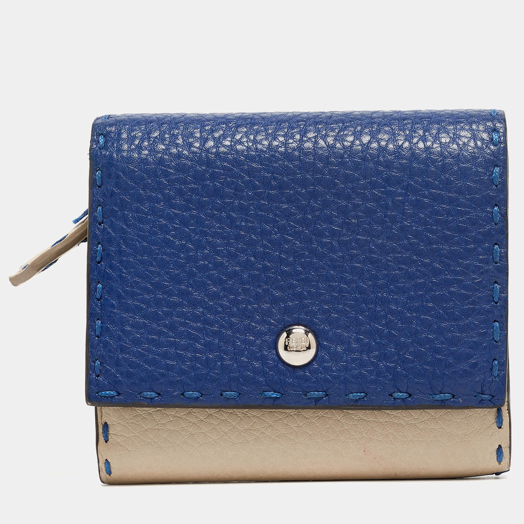 Pre Owned Fendi Blue/White Selleria Leather Flap Compact Wallet