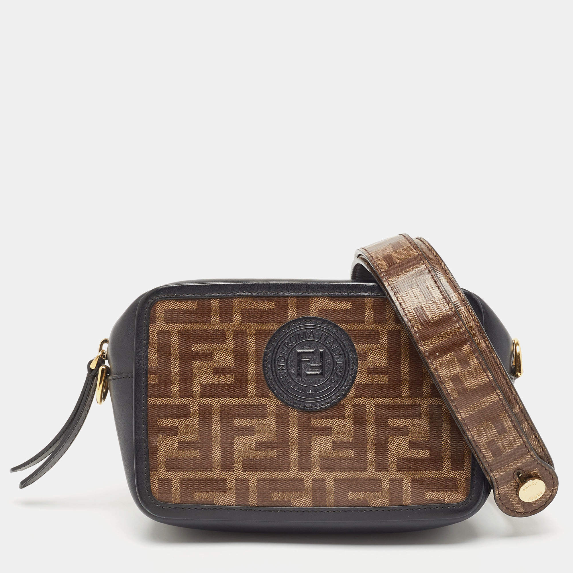 Pre Owned Fendi Tobacco/Black Zucca Coated Canvas and Leather FF 1974 Stamp Patch Camera Bag