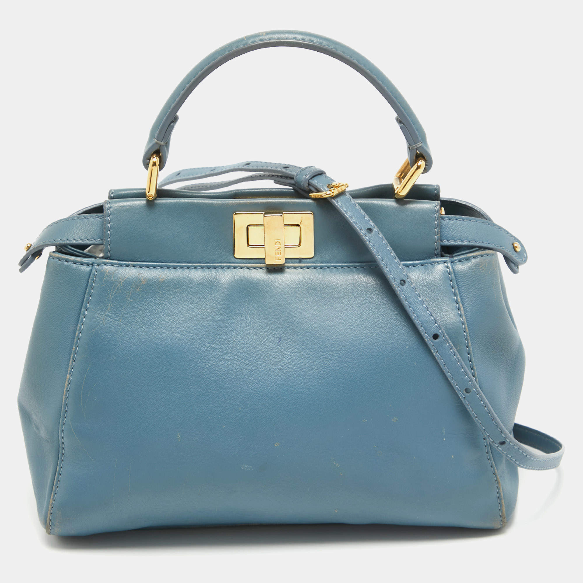Pre Owned Fendi Light Blue Leather Mini Peekaboo Top Handle Bag