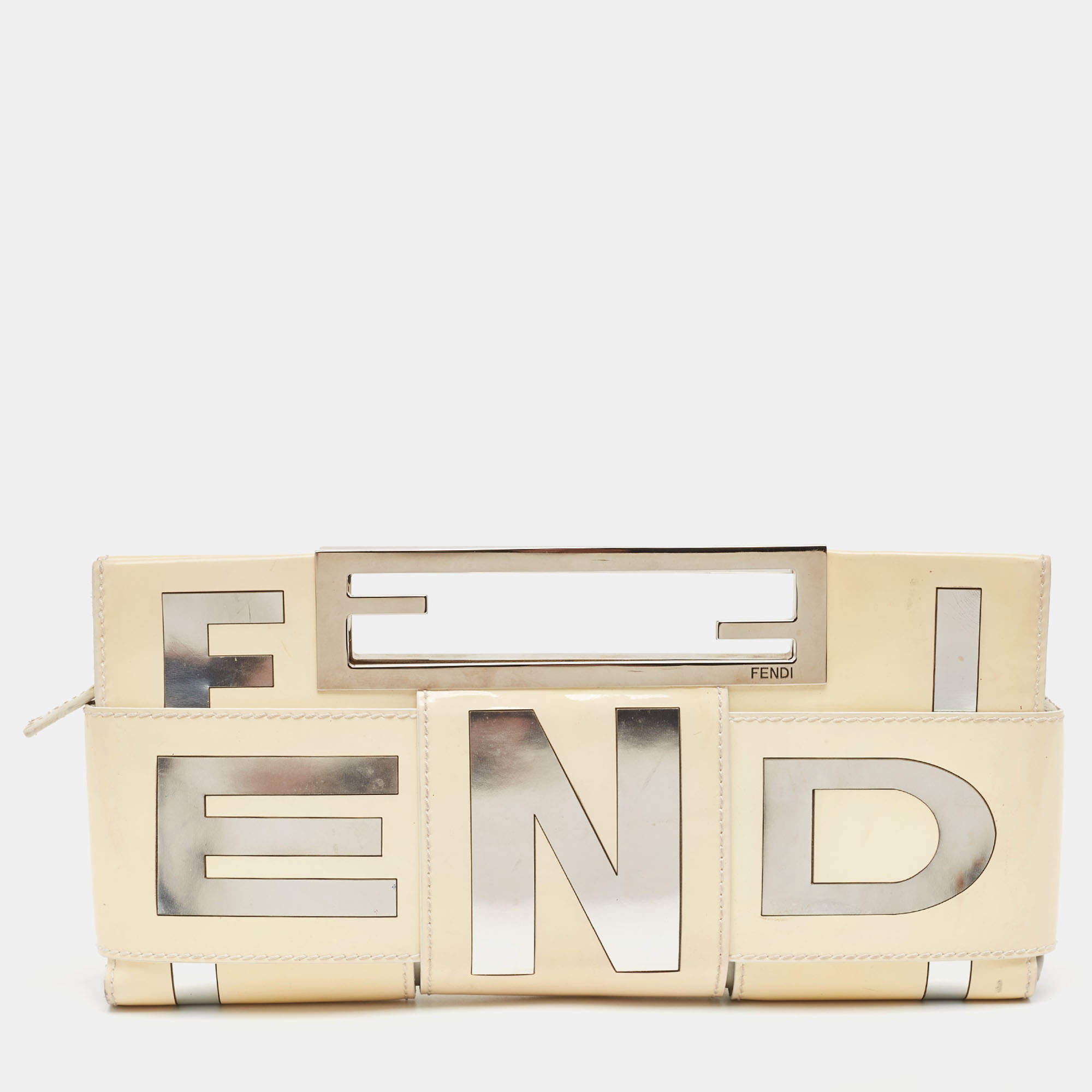 Pre Owned Fendi Cream/Silver Patent Leather Crossword Clutch