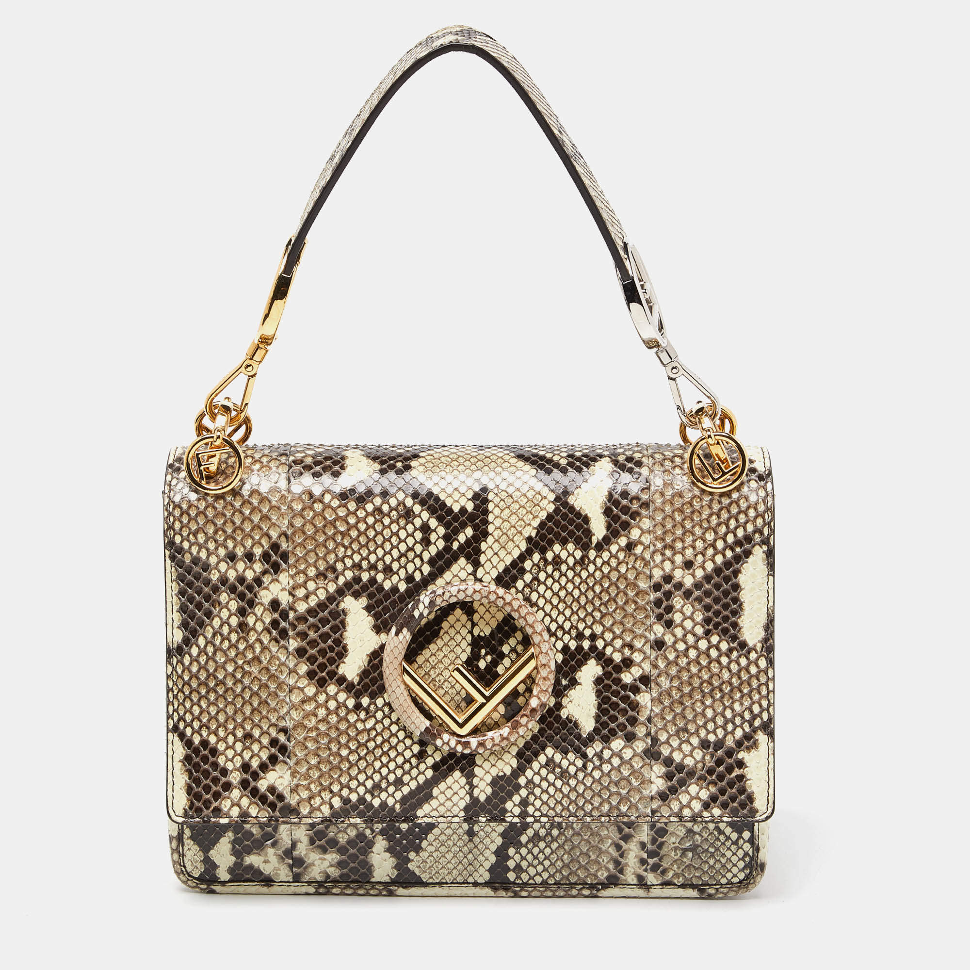 Fendi Brown/Beige Python Kan I F Logo Top Handle Bag