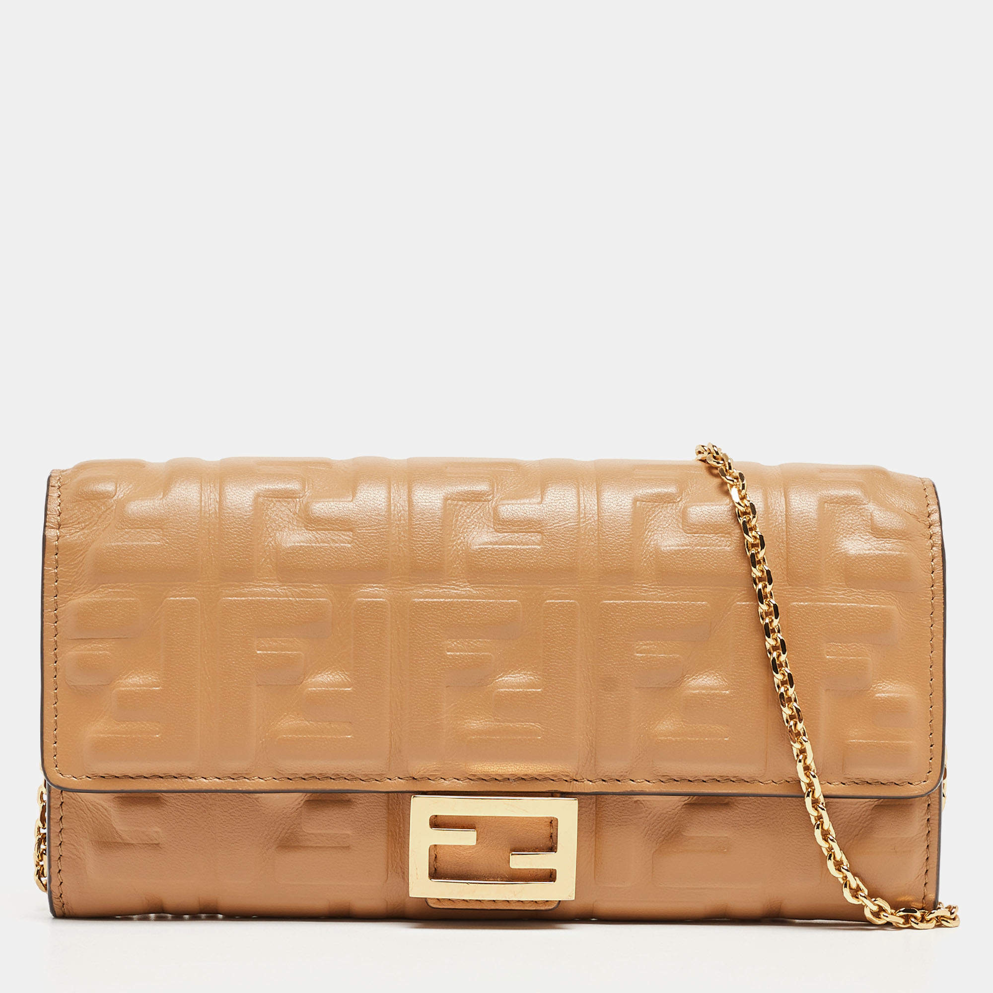 Fendi Beige Zucca Embossed Leather Baguette Wallet on Chain