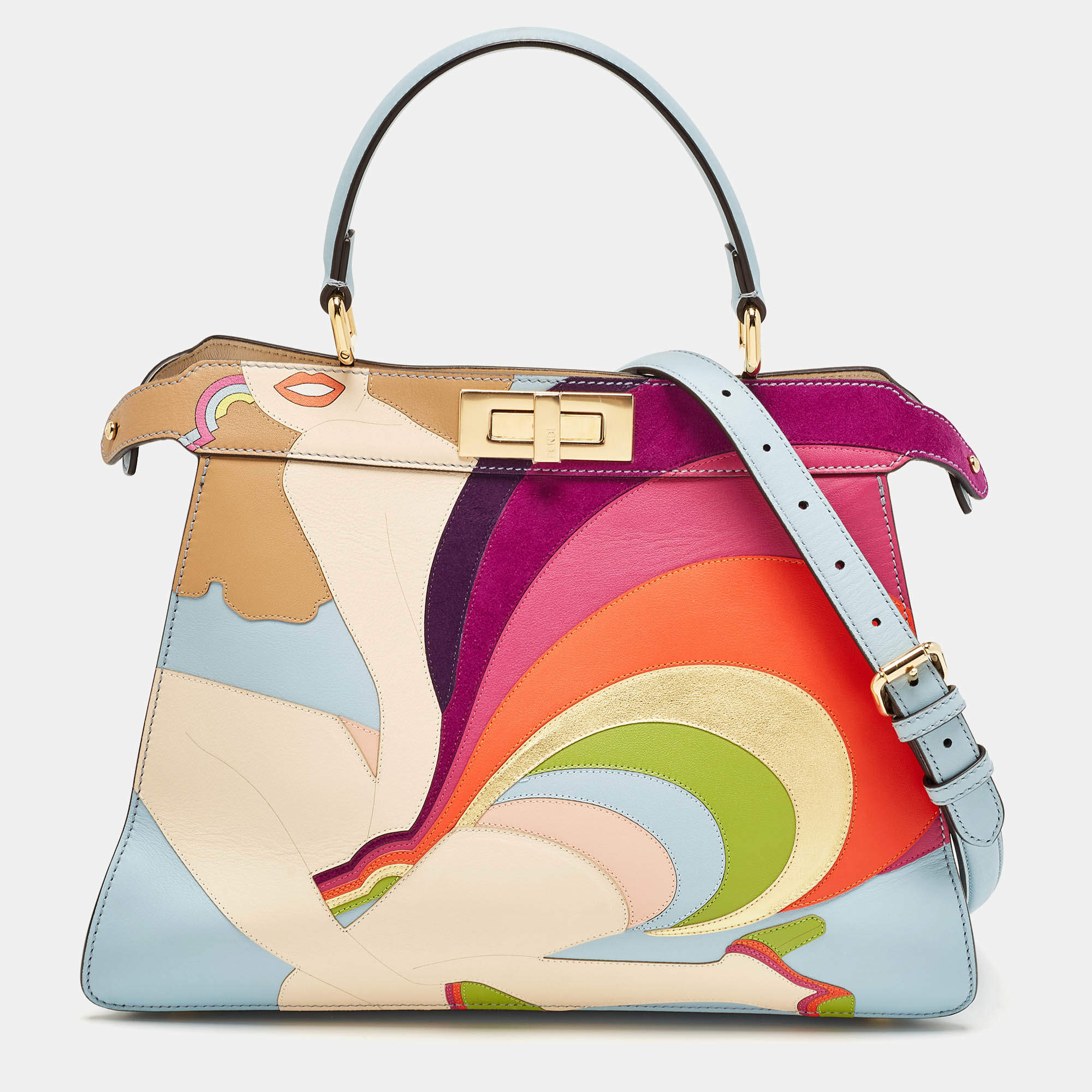 Fendi Multicolor Leather and Suede Medium Girl Inlay Peekaboo ISeeU Top Handle Bag