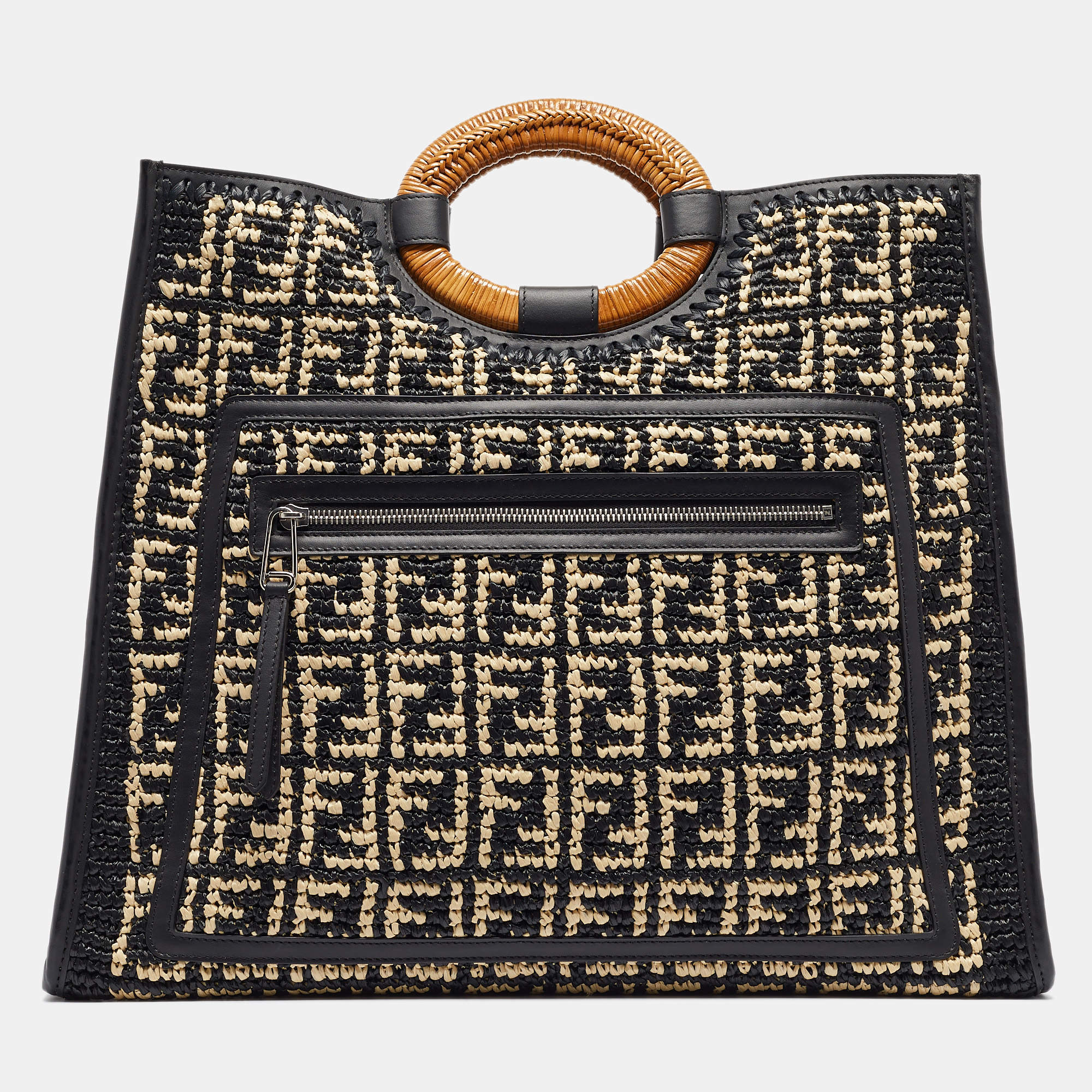 Pre Owned Fendi Black/Natural FF Raffia and Leather Large Runaway Shopper Tote