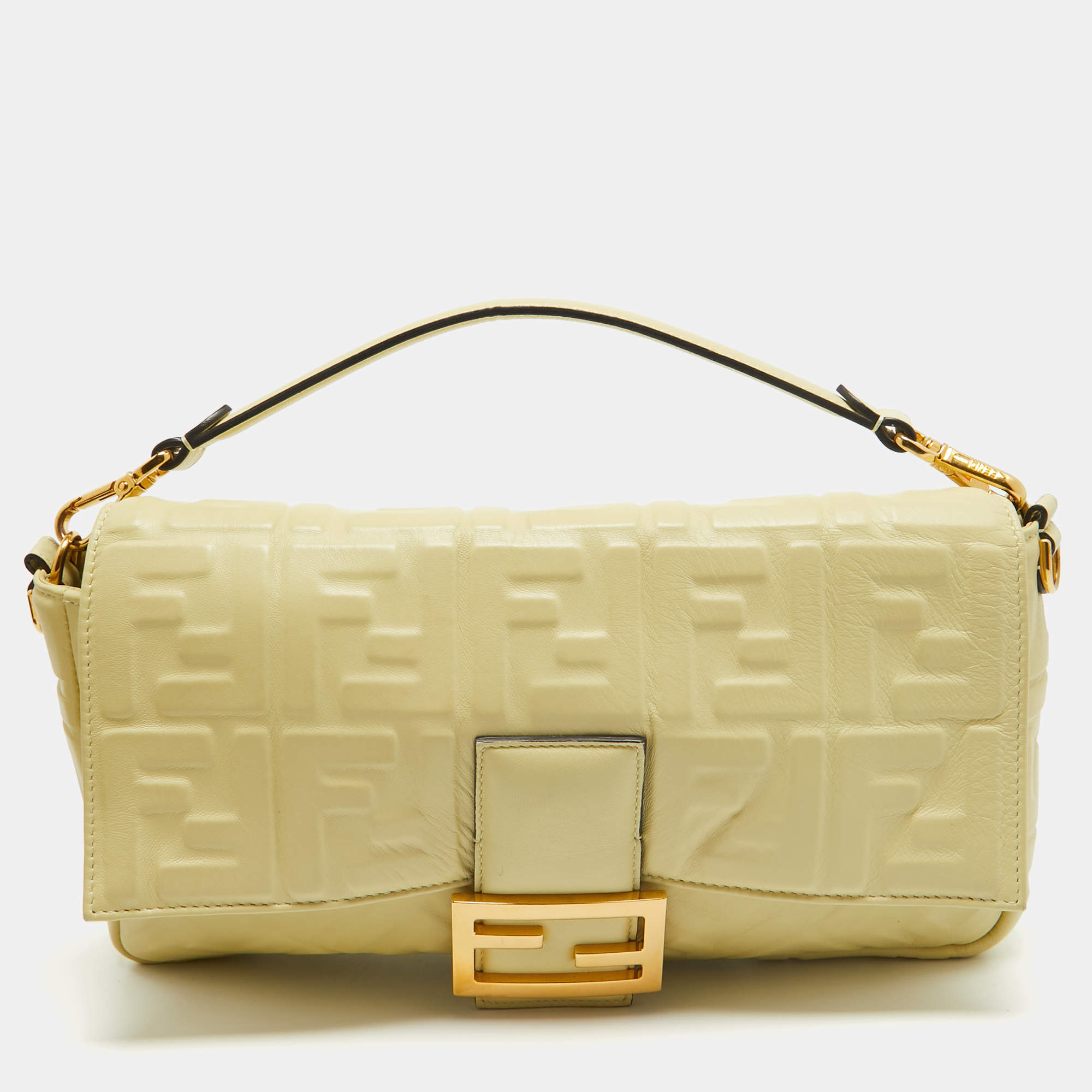 مملوكة مسبقًا Fendi Yellow Zucca Embossed Leather Large Baguette Bag