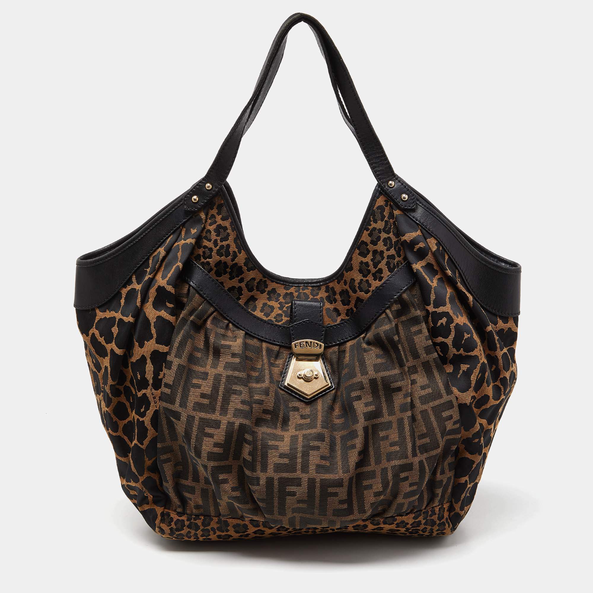 Pre Owned Fendi Tobacco Zucca and Leopard Print Canvas Borsa Chef Tote