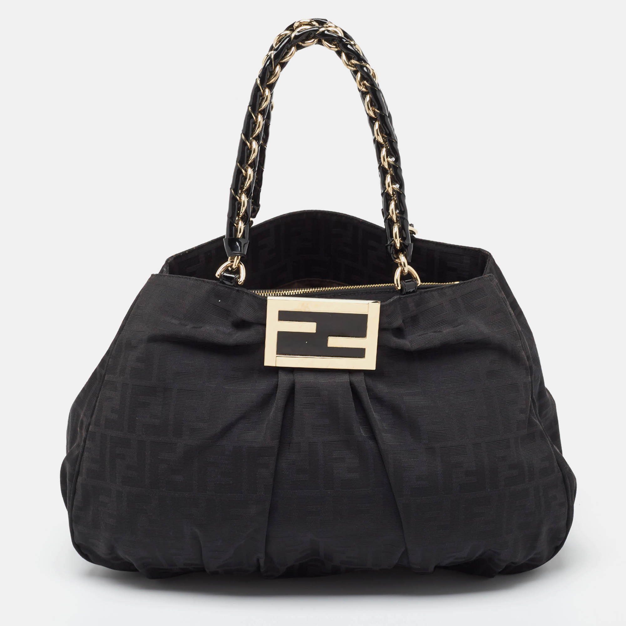 Pre Owned Fendi Black Zucca Fabric and Patent Leather Large Mia Hobo