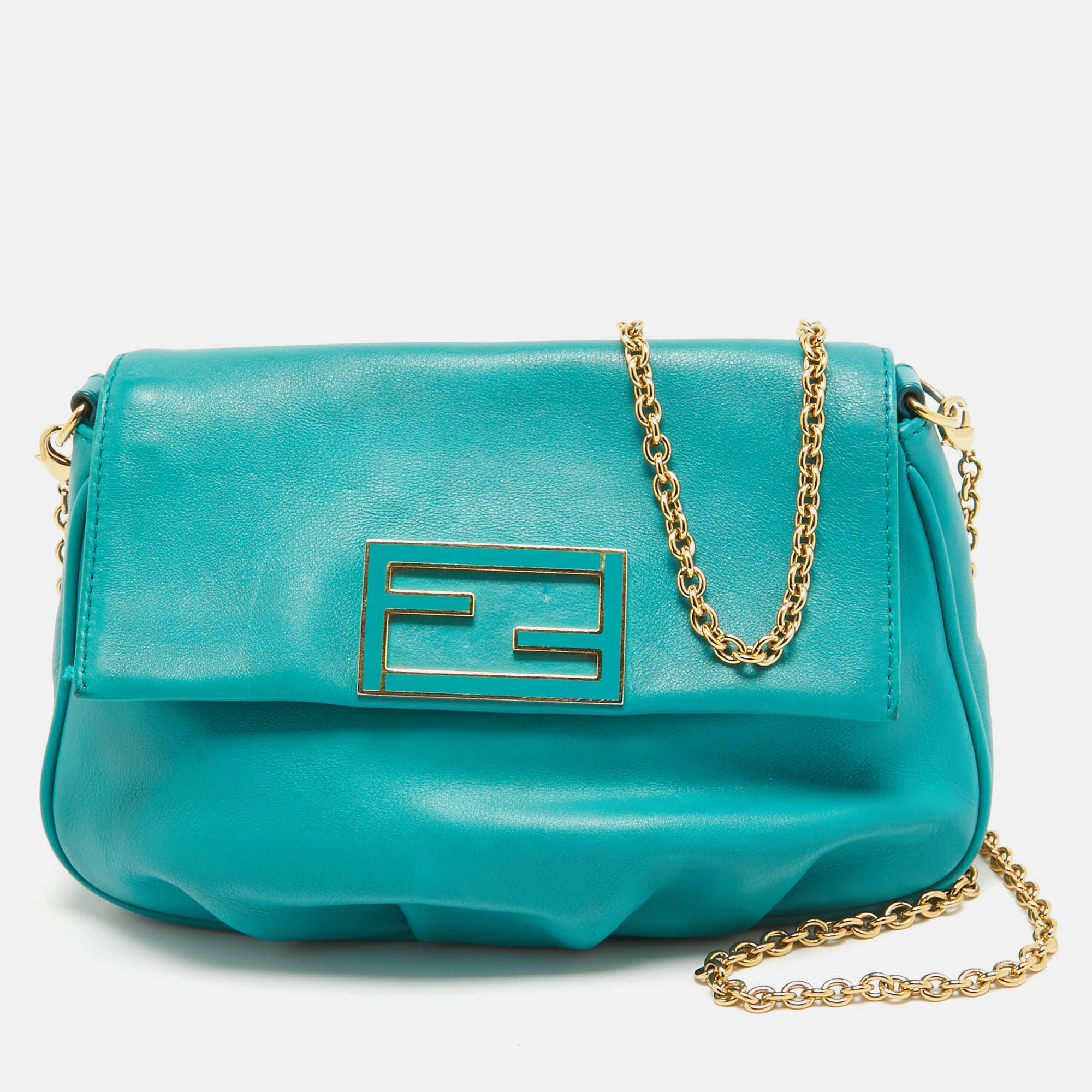Fendi Green Leather Fendista Chain Clutch
