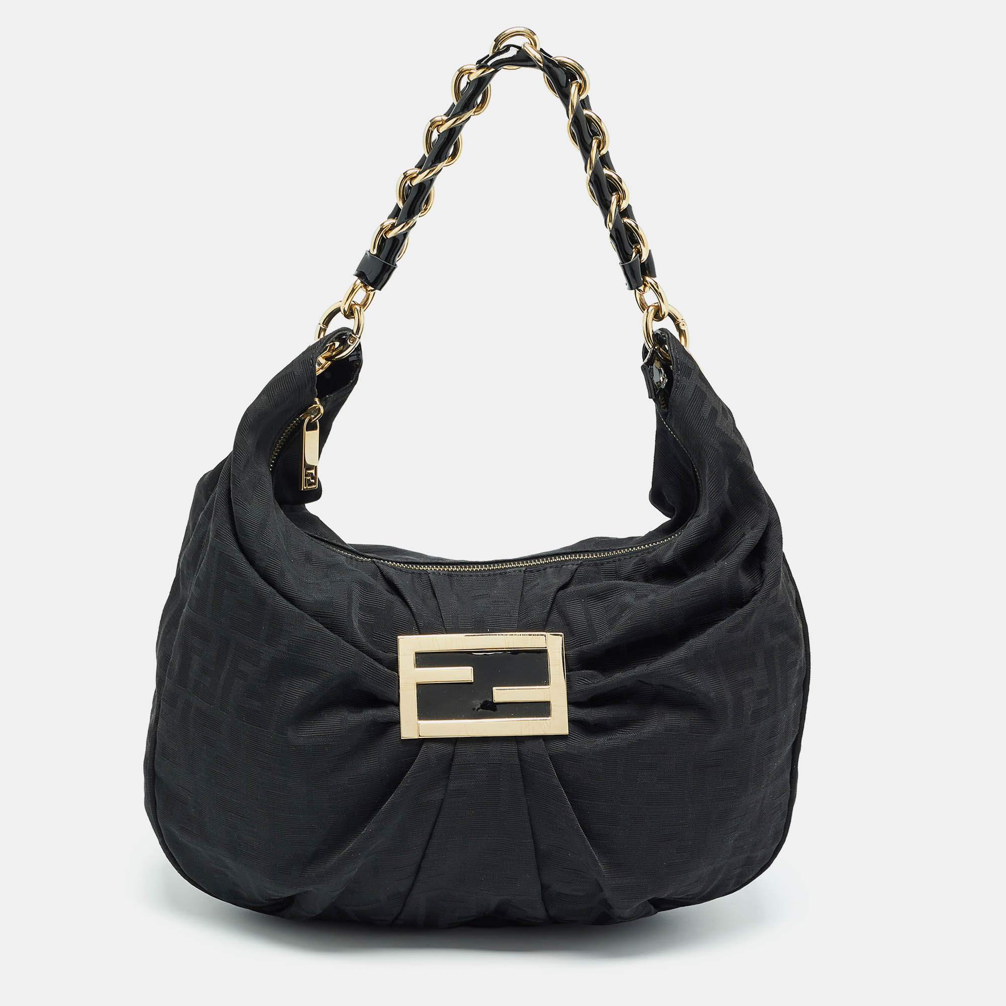 Pre Owned Fendi Black Zucca Fabric and Patent Leather Mia Hobo