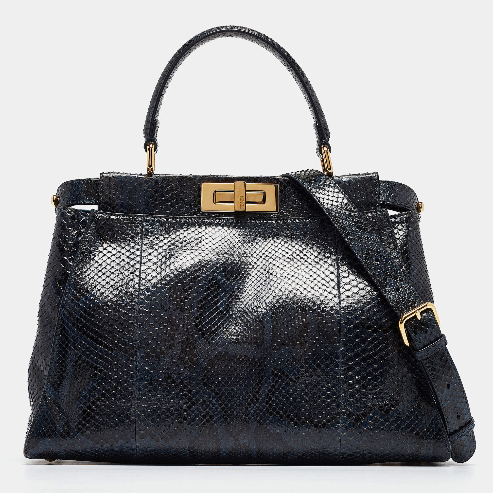 Pre Owned Fendi Blue Shine Python Regular Peekaboo Top Handle Bag