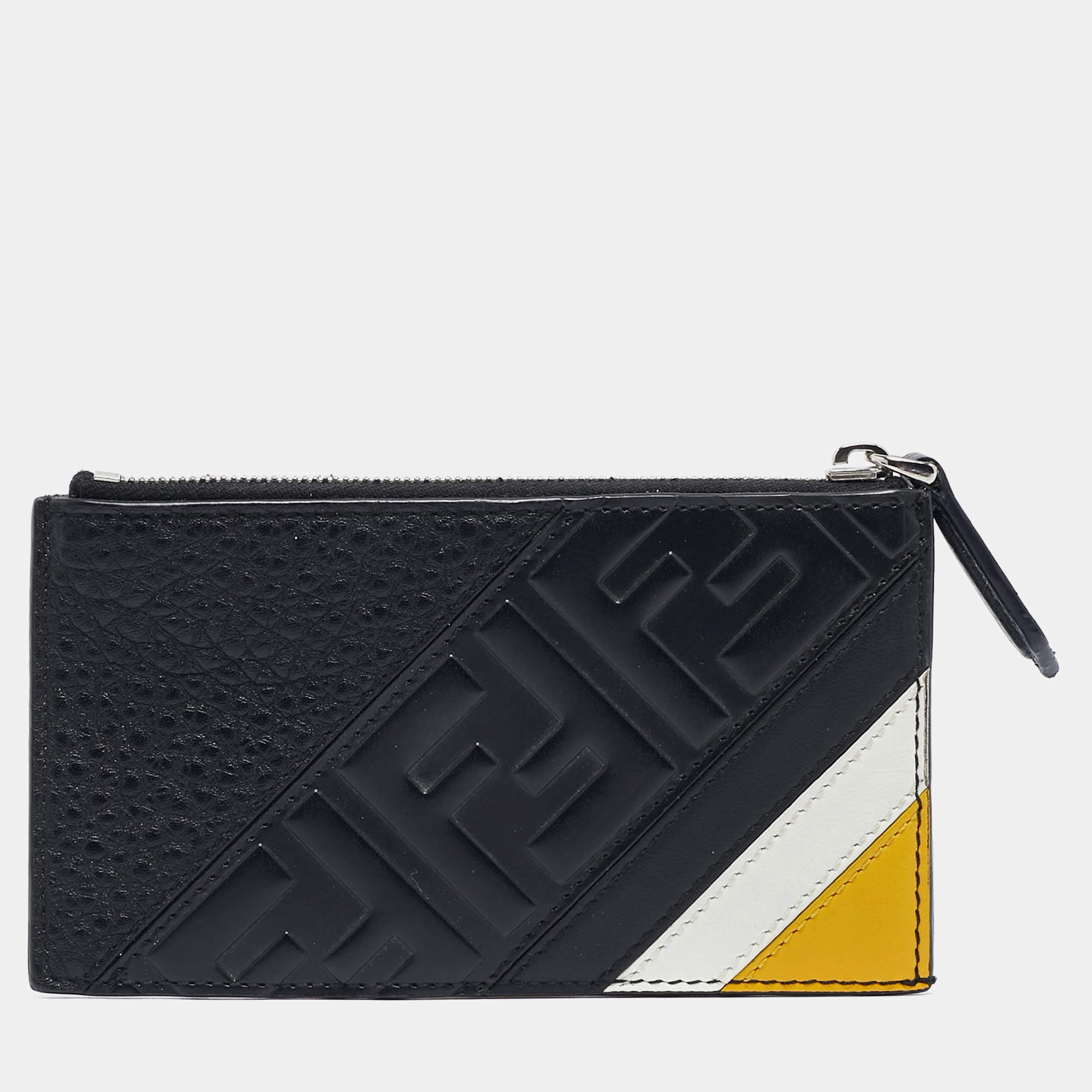 Fendi Black Zucca Embossed Leather Zip Card Holder