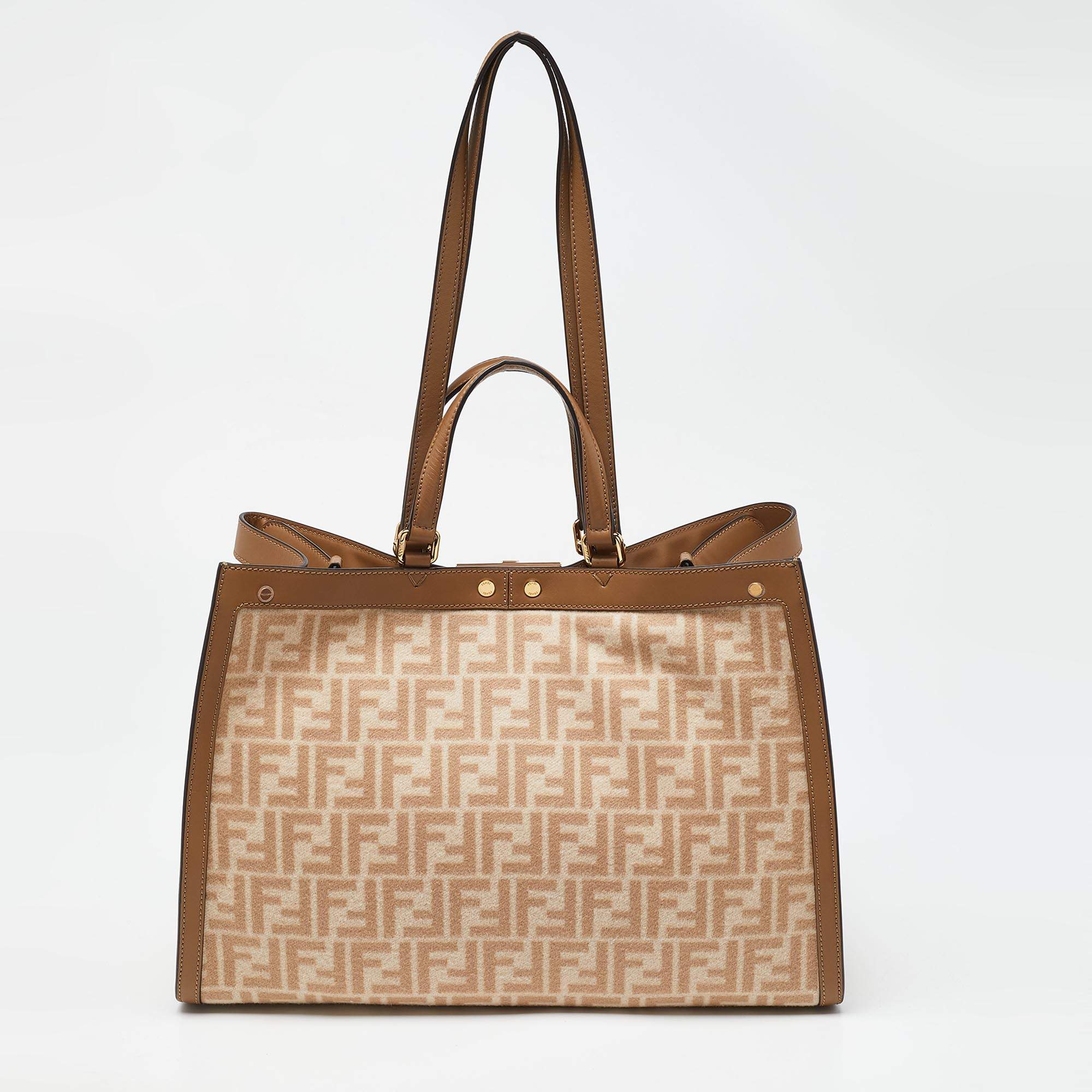Pre Owned Fendi Beige/Brown Zucca Wool and Leather Medium FF Peekaboo X Tote