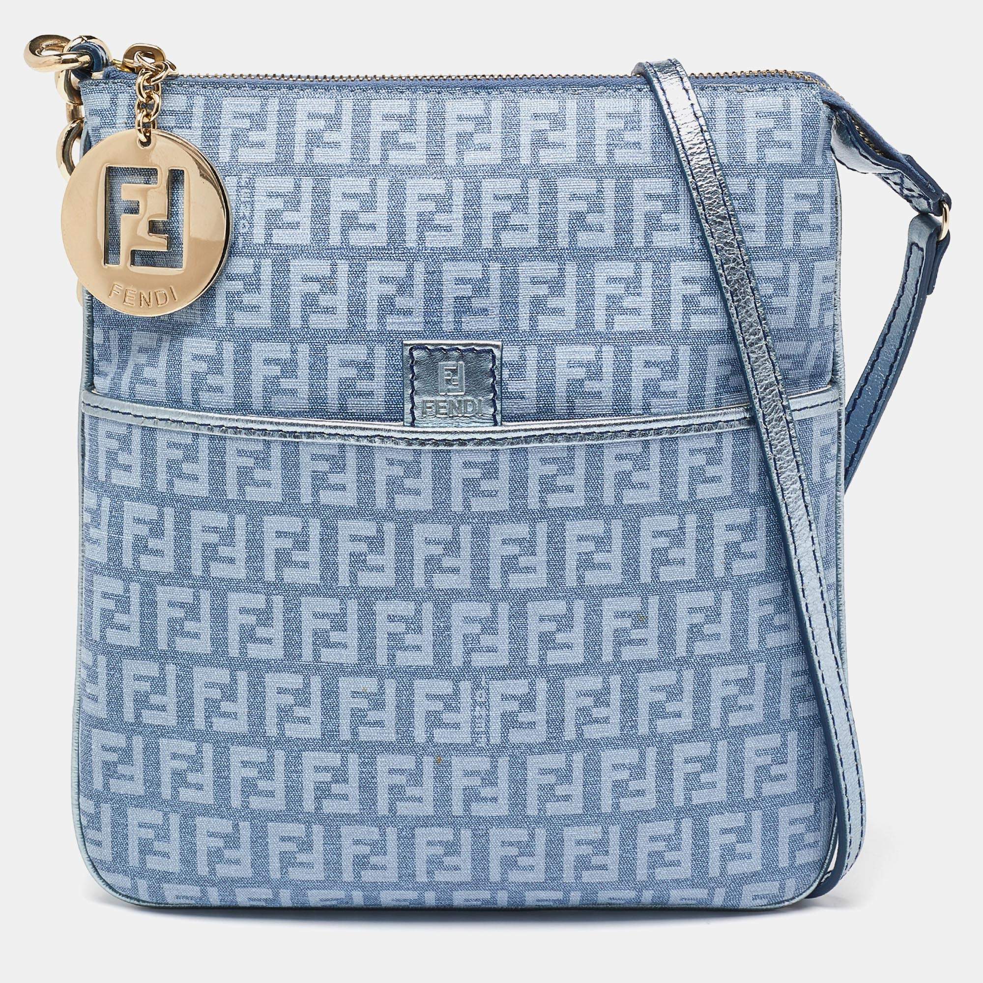 Pre Owned Fendi Light Blue Zucchino Canvas and Leather Crossbody Bag
