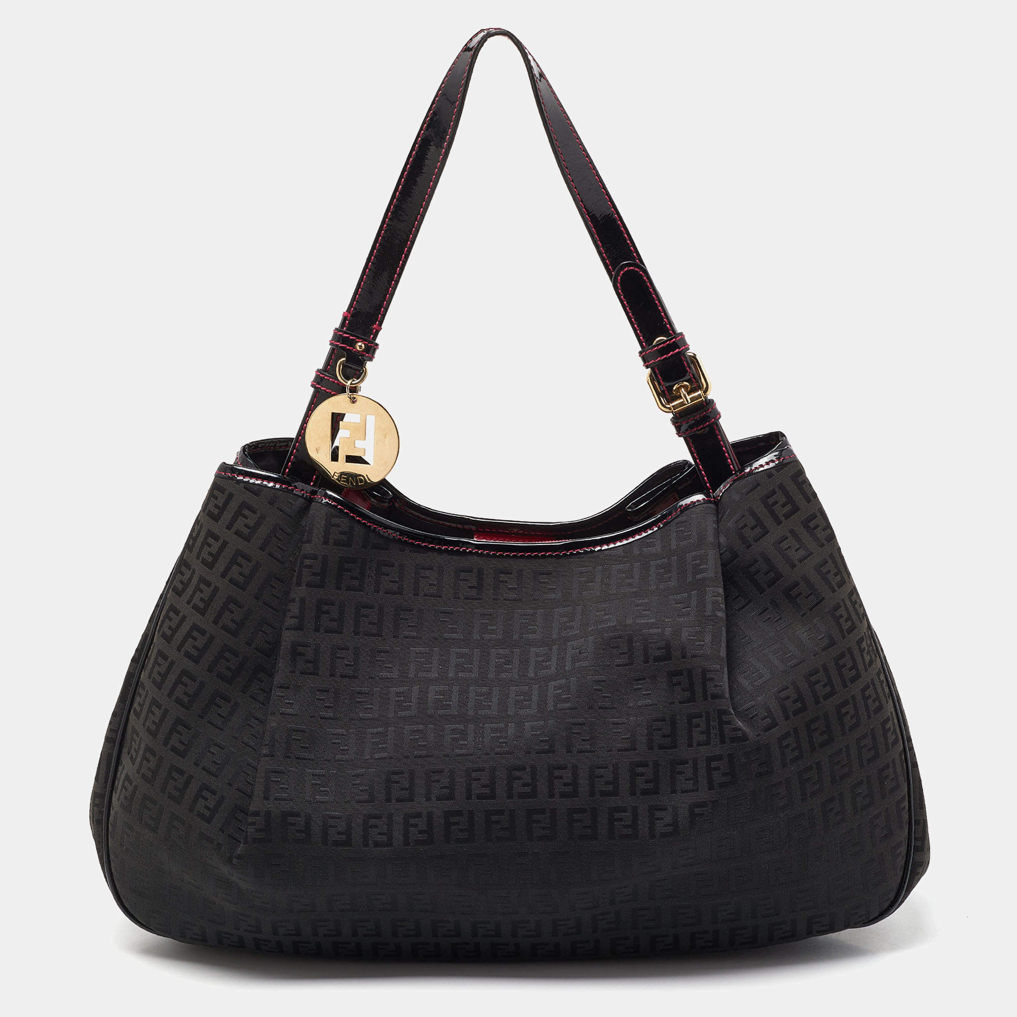 Fendi Black Zucchino Canvas and Patent Leather Hobo