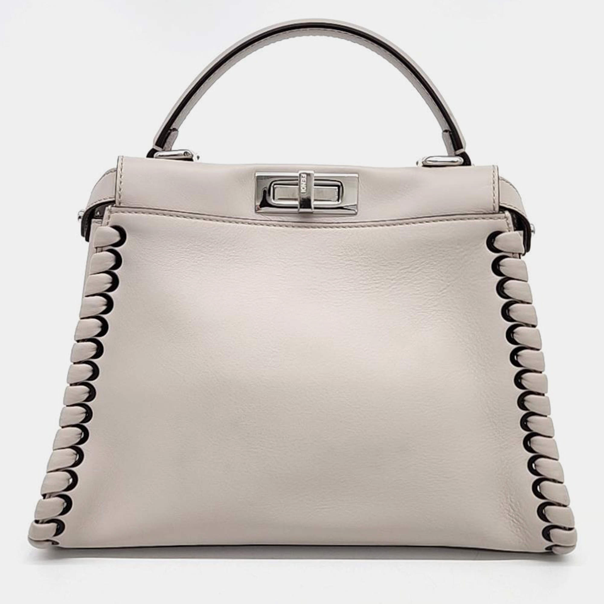 Pre Owned Fendi Beige Leather Medium Peekaboo Top Handle Bag