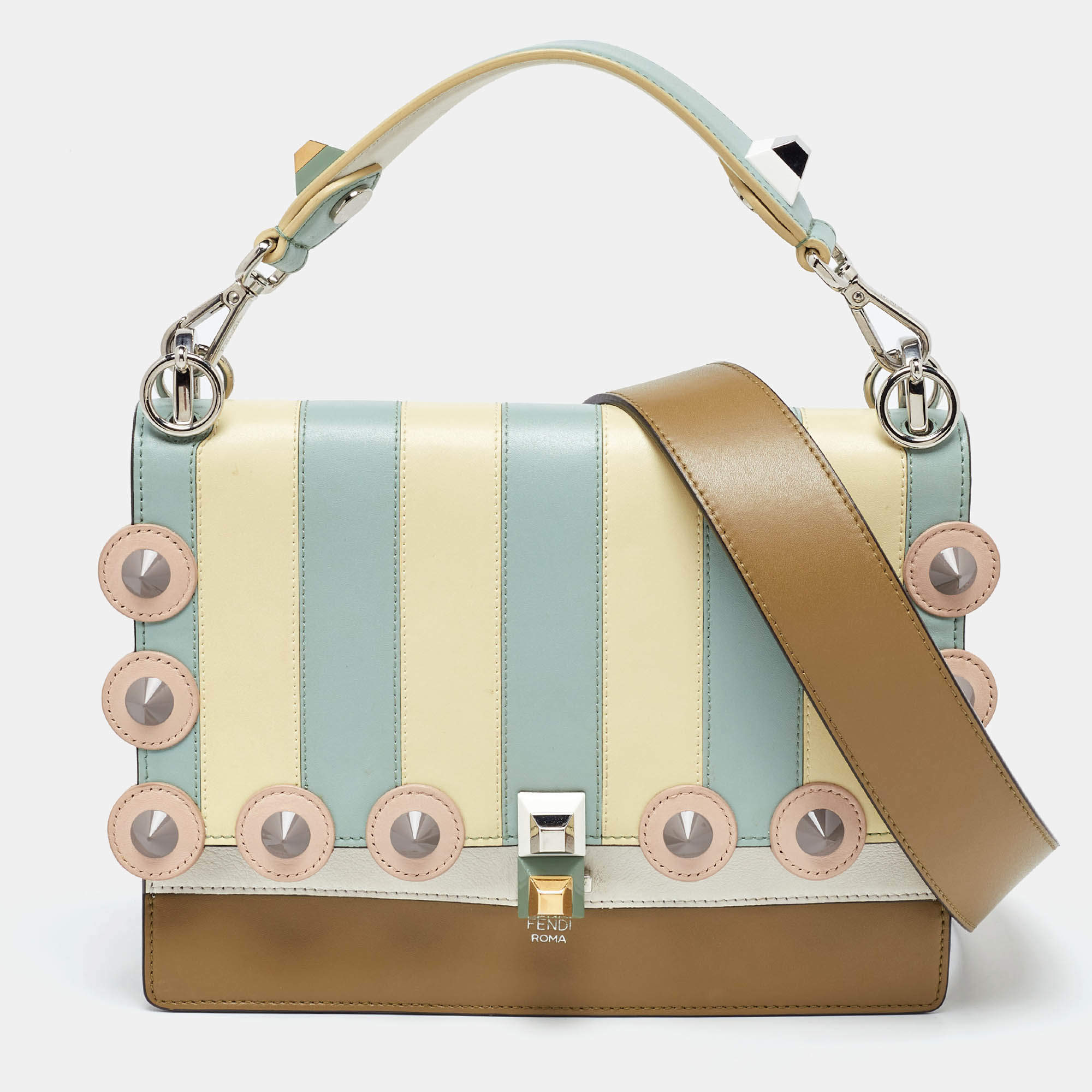 Pre Owned Fendi Multicolor Scalloped Leather Medium Striped Kan I Shoulder Bag