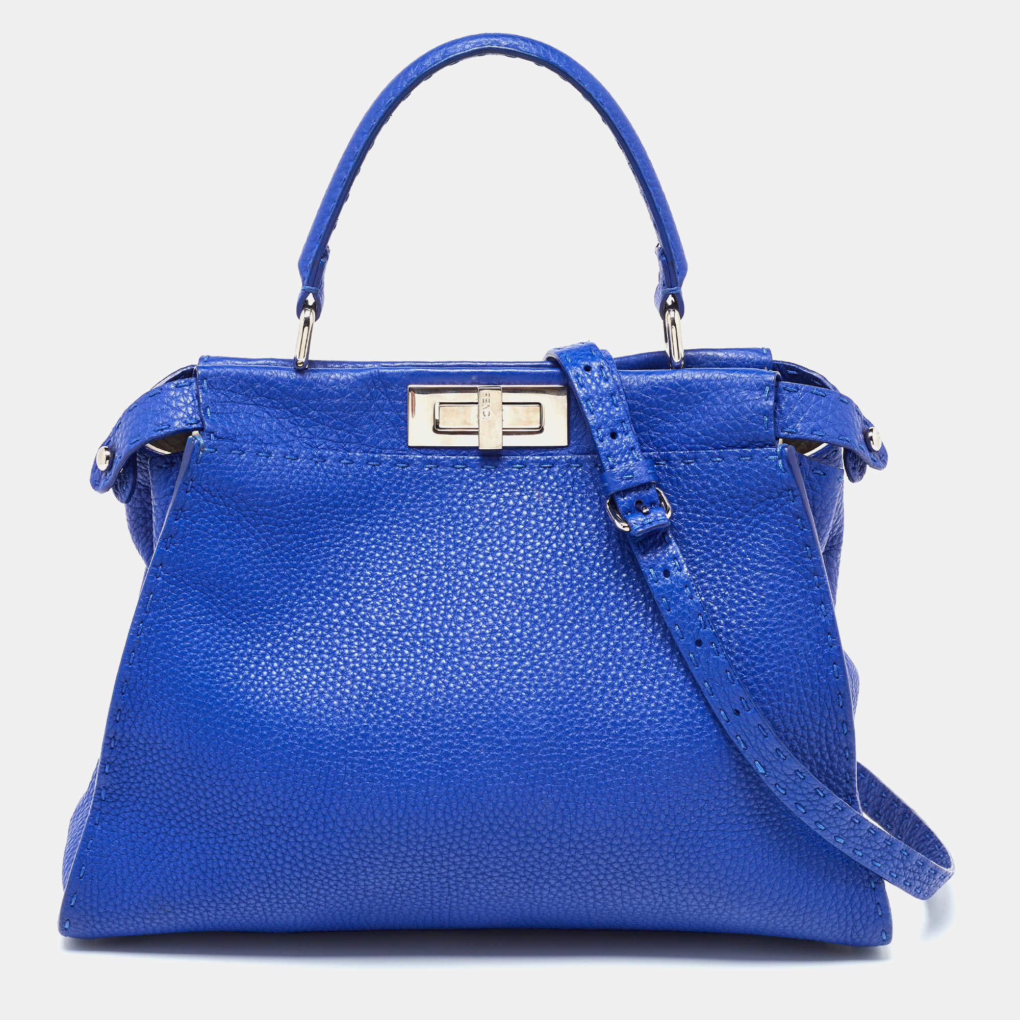 Pre Owned Fendi Blue Leather Medium Peekaboo Top Handle Bag