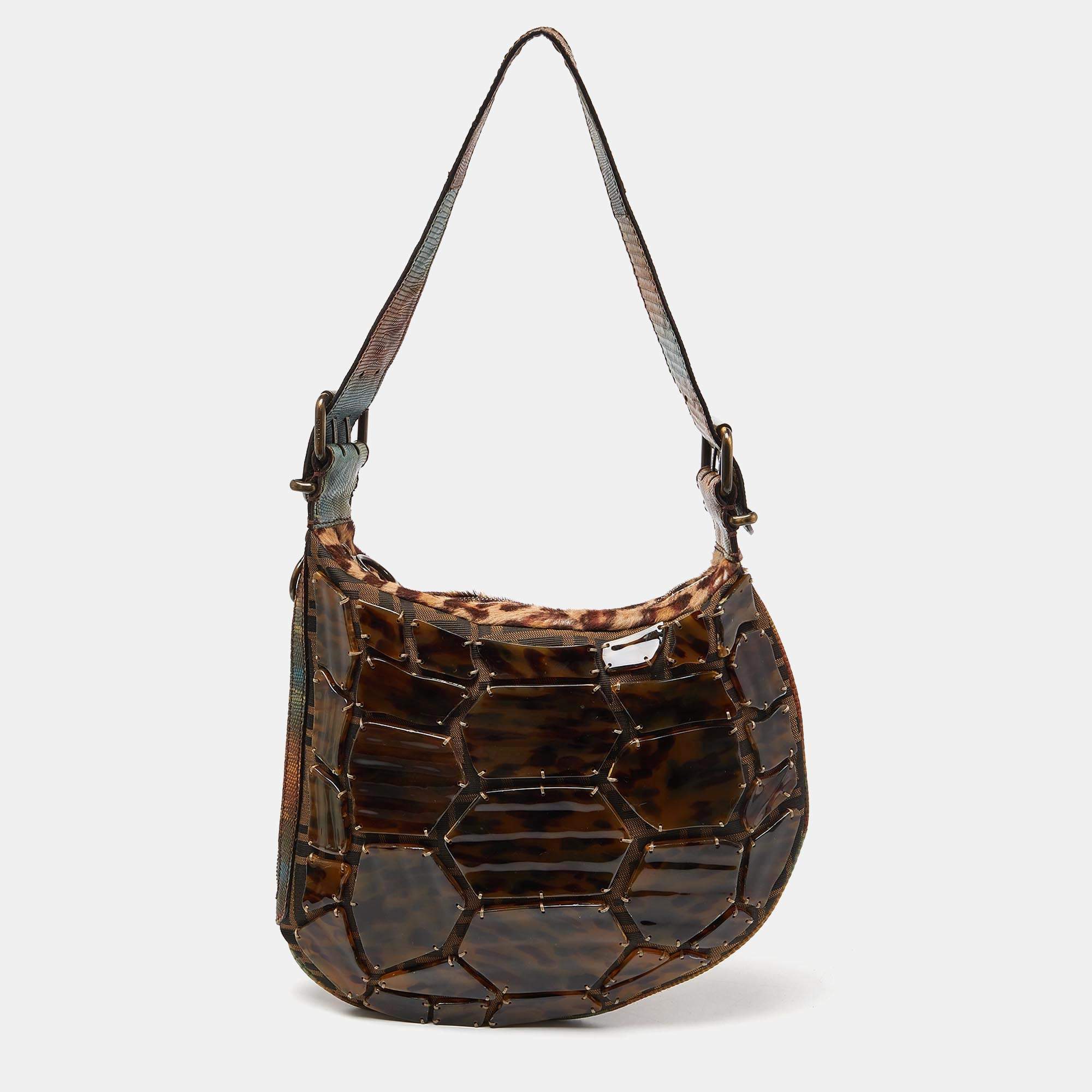 مملوكة مسبقًا Fendi Brown Zucca Canvas, Calfhair and Lizard Acrylic Oyster Hobo 