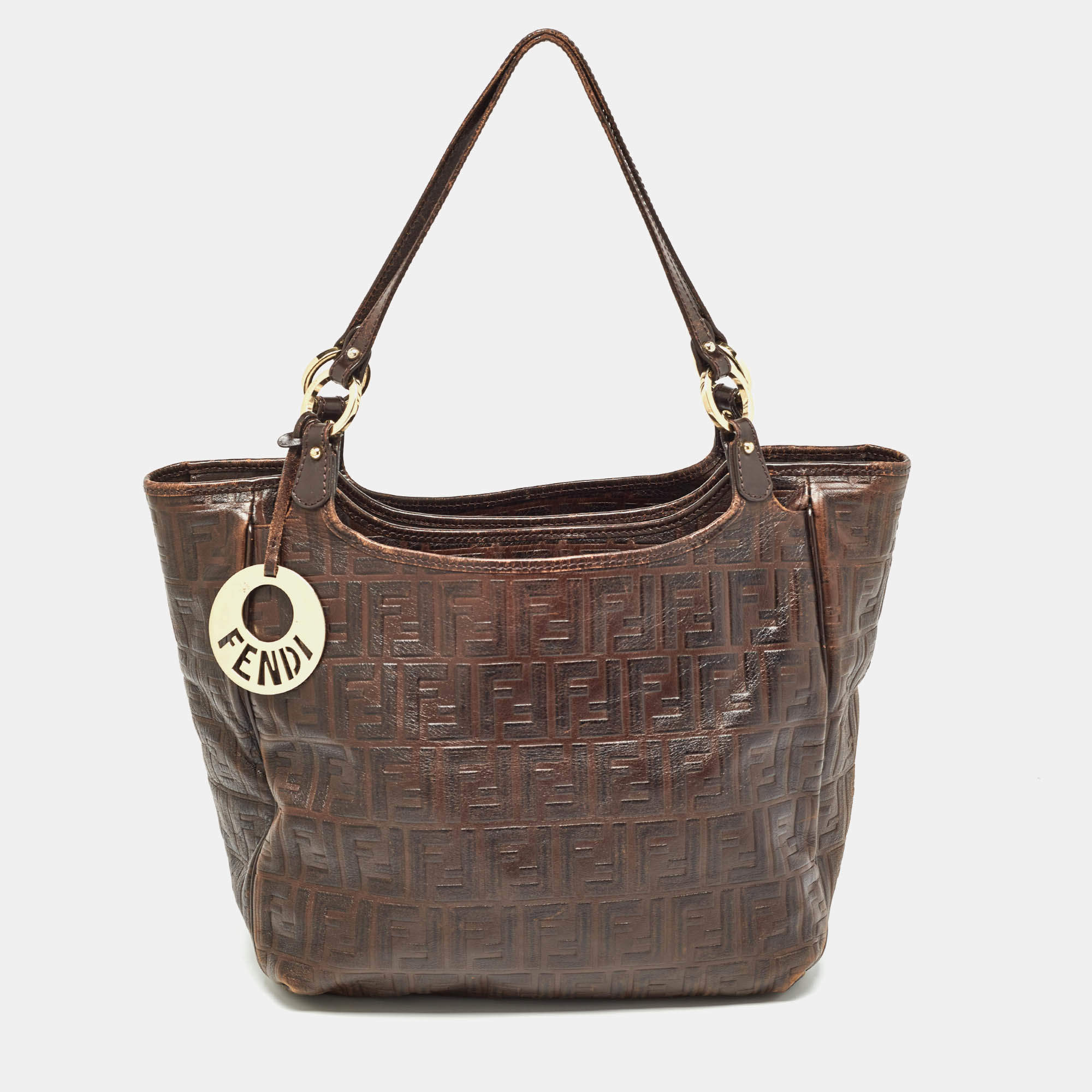 Pre Owned Fendi Dark Brown Zucca Tortoise Effect Leather Tote
