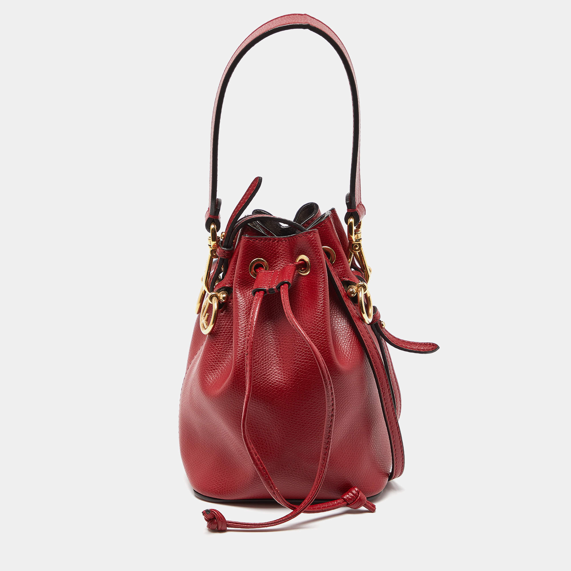 Pre Owned Fendi Red Leather Mini Mon Tresor Drawstring Bucket Bag
