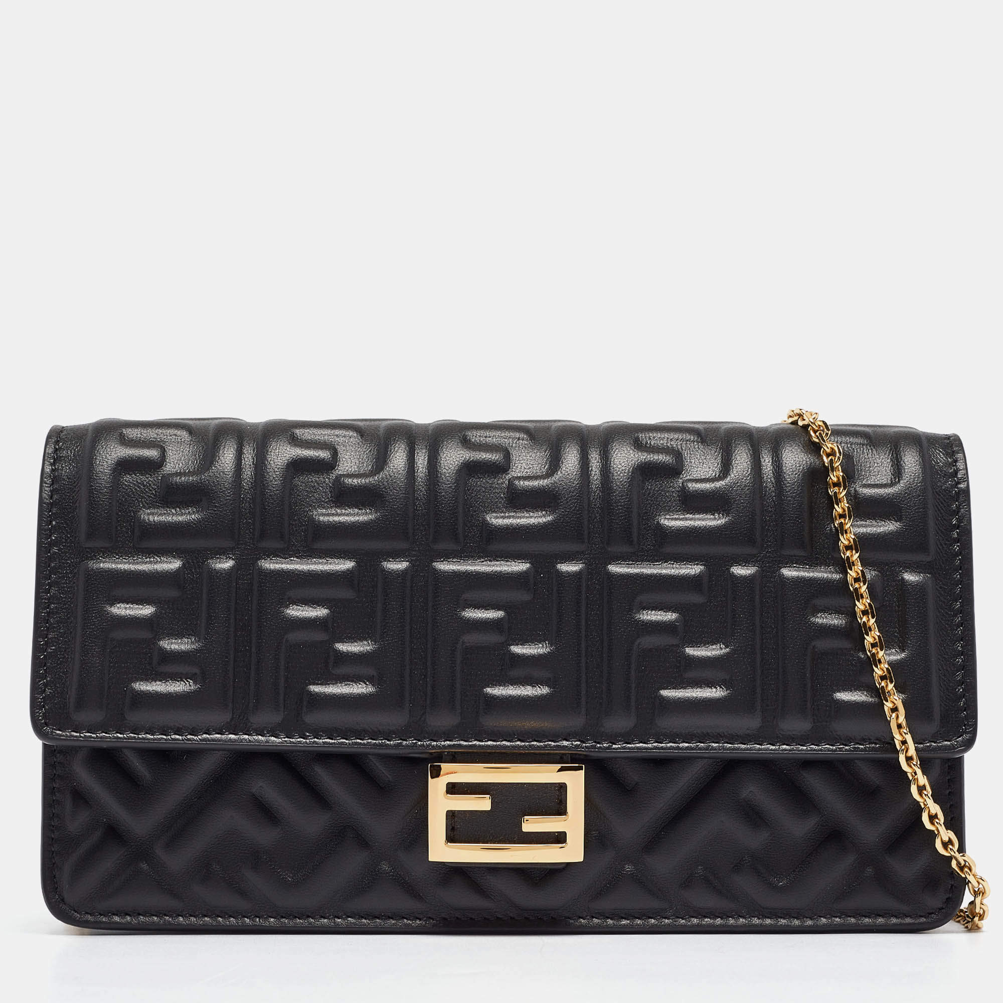 Fendi Black Zucca Embossed Leather Baguette Wallet on Chain
