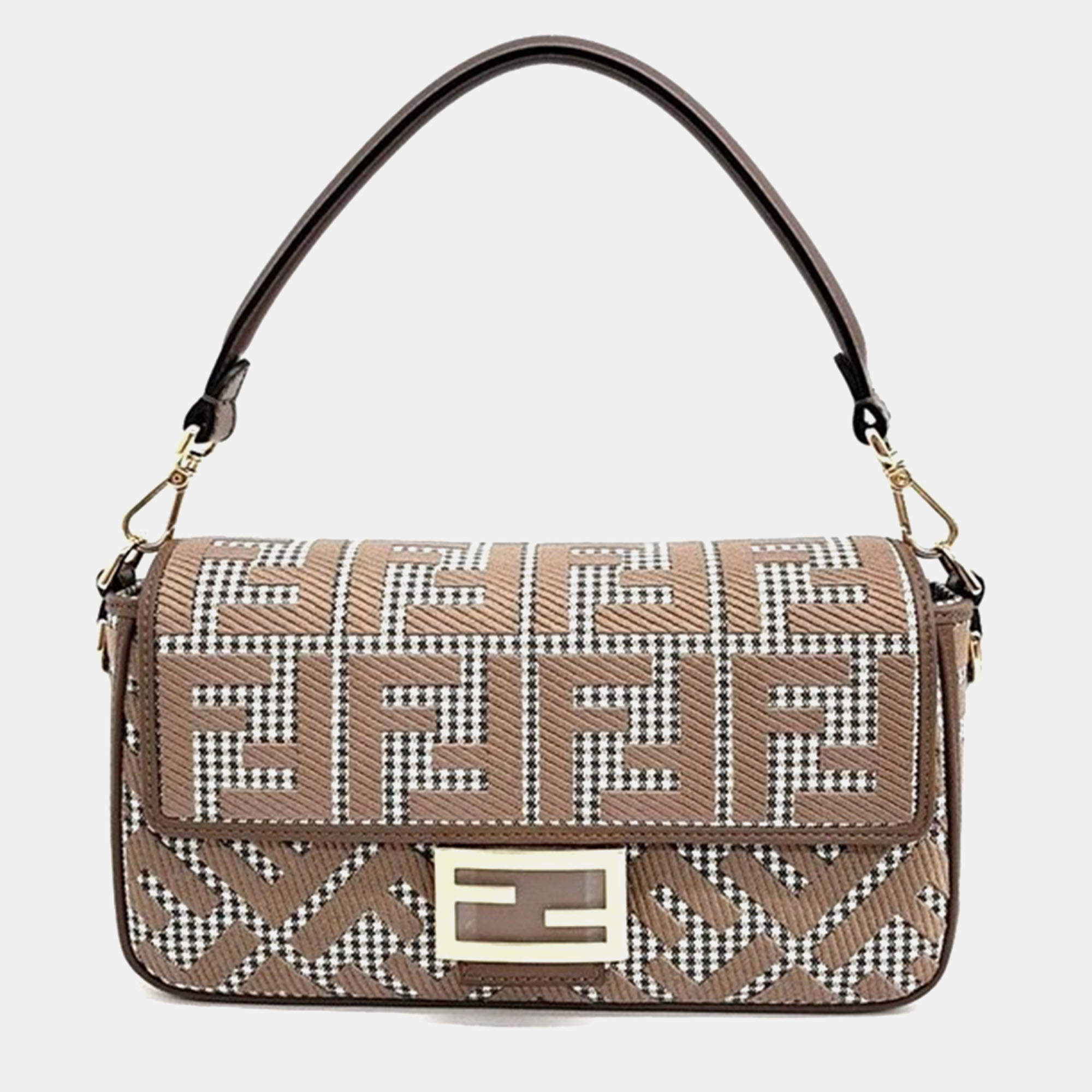 Fendi Brown Jacquard Baguette Shoulder Bag
