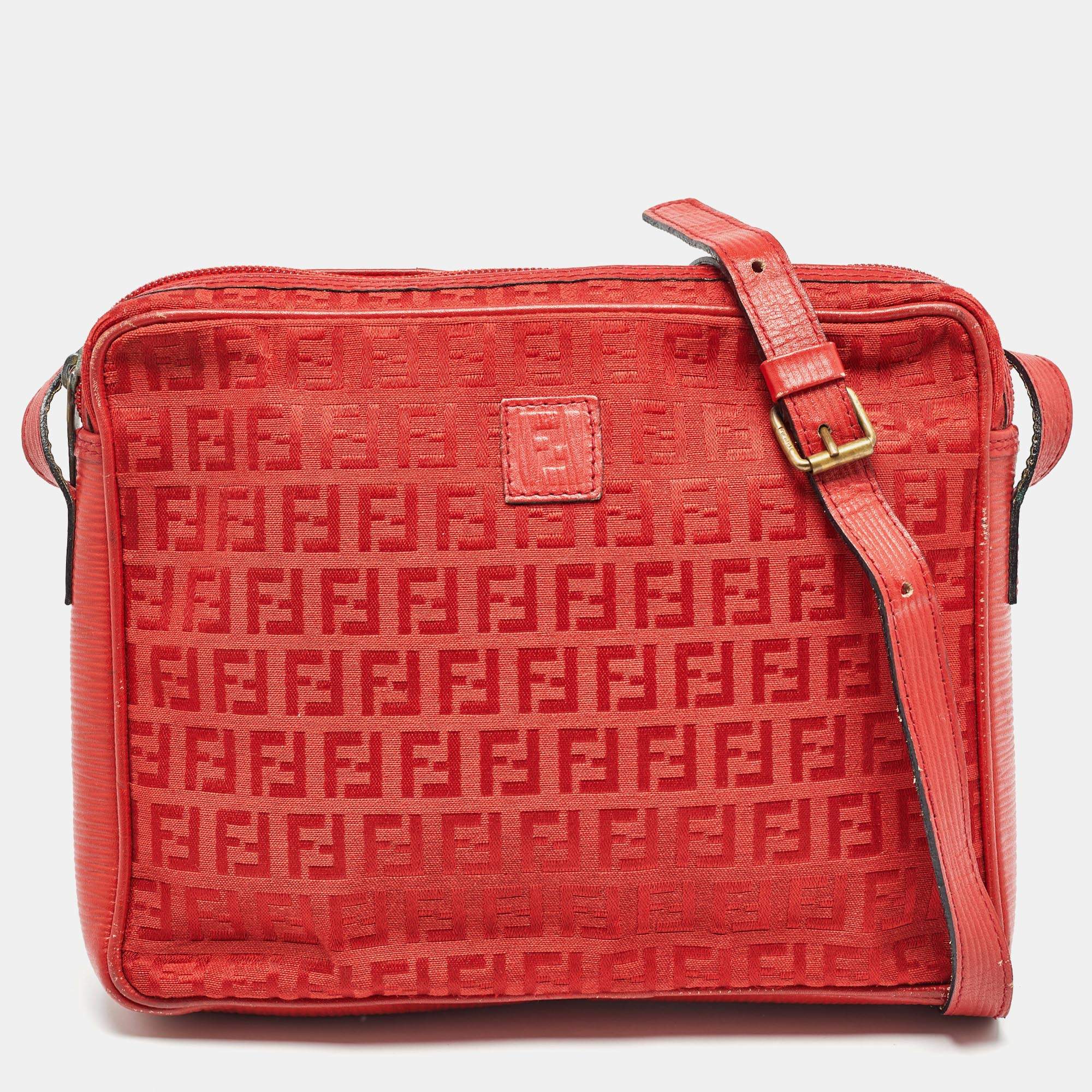 Fendi Red Zucchino Canvas and Leather Crossbody Bag Fendi TLC