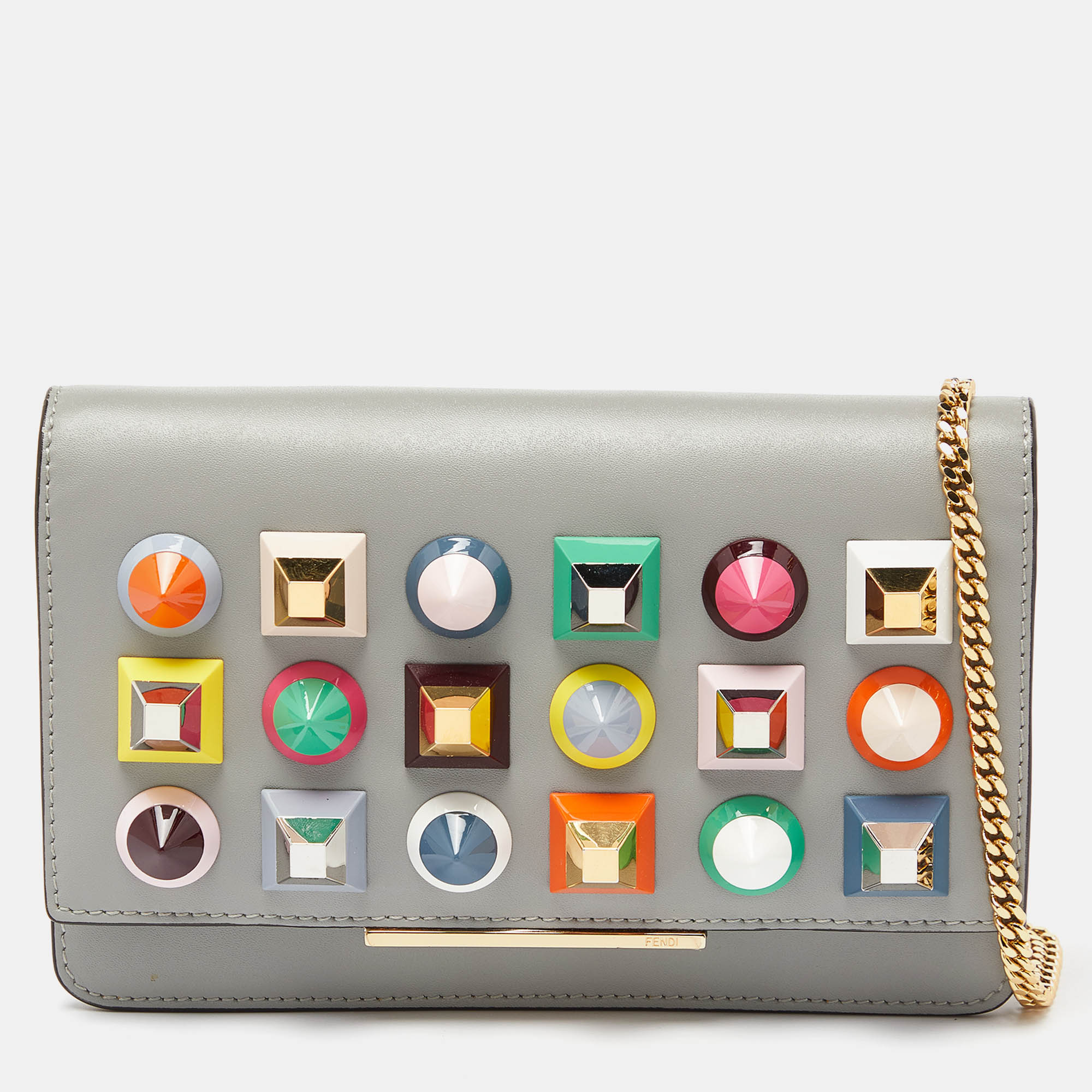 Pre Owned Fendi Grey Leather Rainbow Stud Tube Wallet On Chain