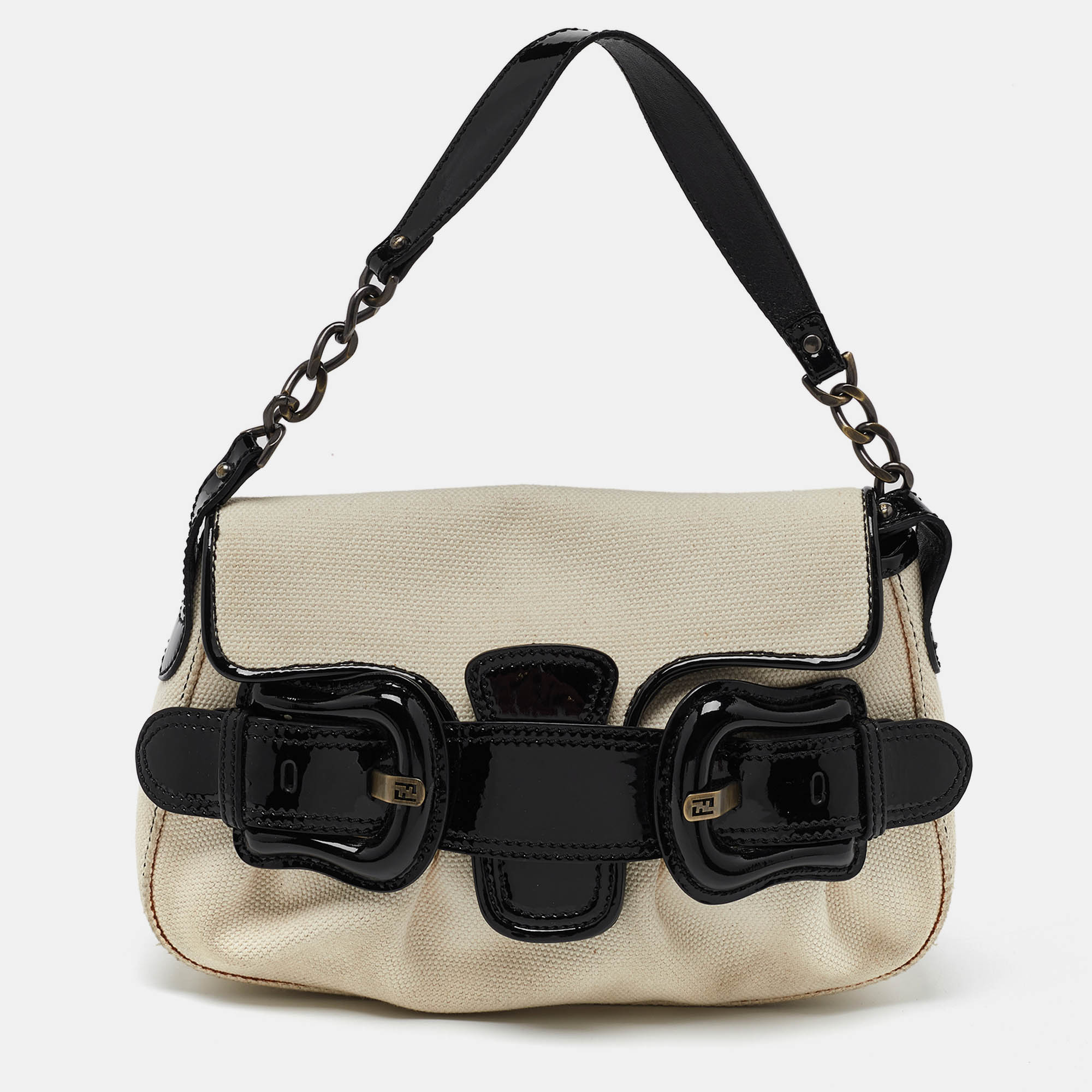 Pre Owned Fendi Cream/Black Canvas and Patent Leather B Shoulder Bag