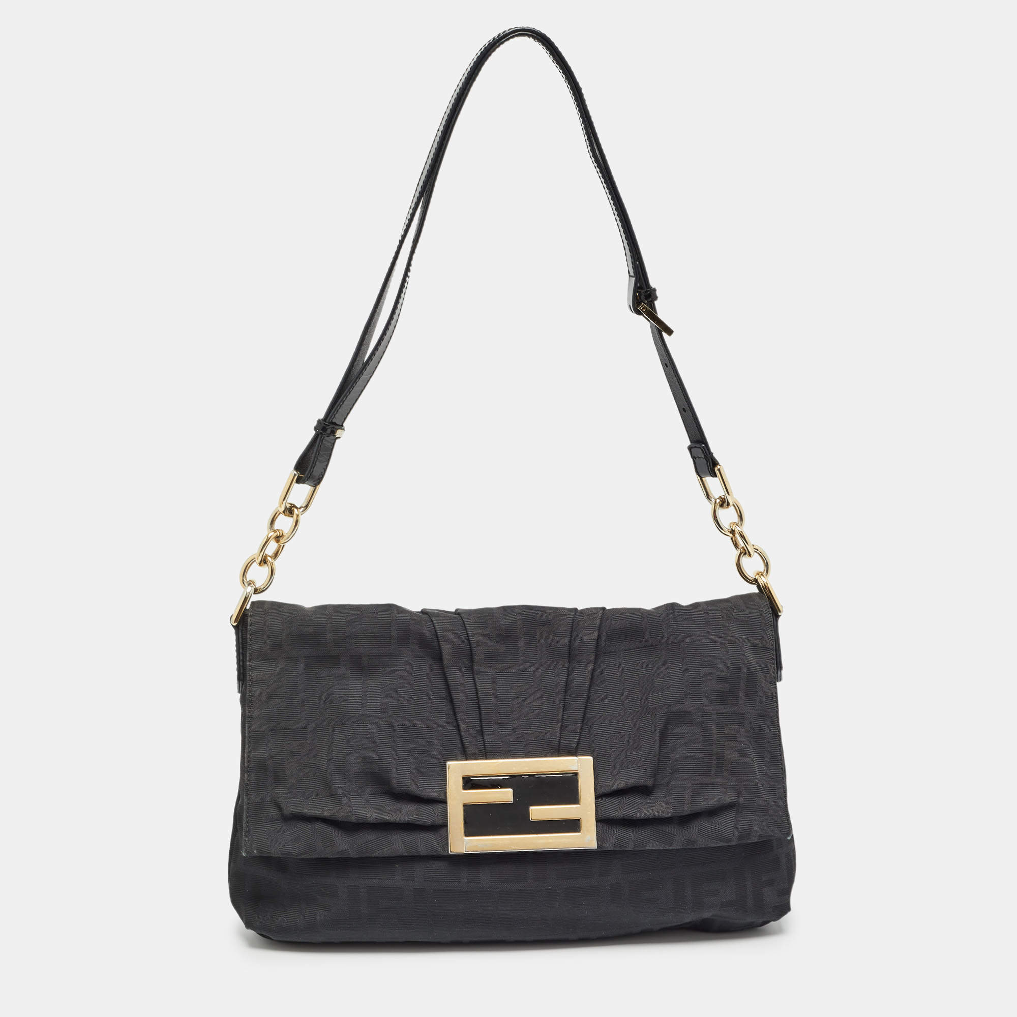 Pre Owned Fendi Black Zucca Canvas and Patent Leather Mia Flap Bag