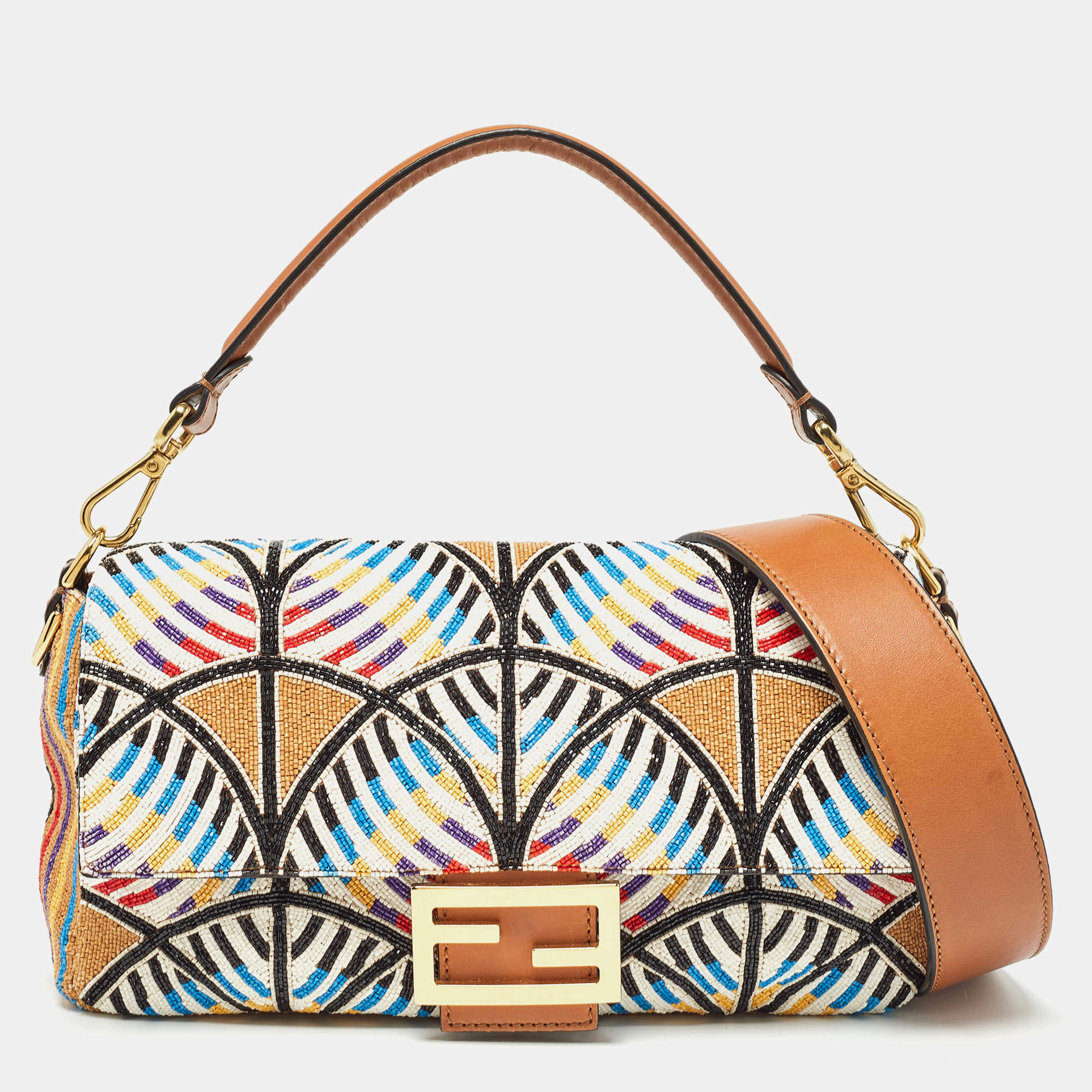 Fendi Multicolor Peacock Motif Beaded Baguette Bag