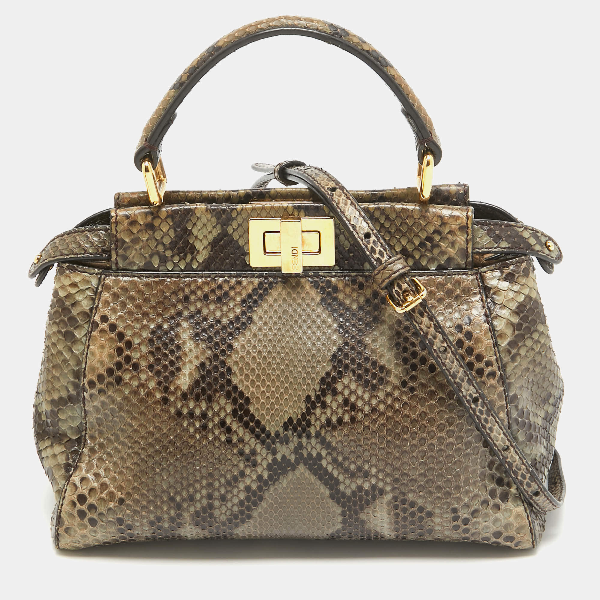 Pre Owned Fendi Olive Green Python Mini Peekaboo Top Handle Bag
