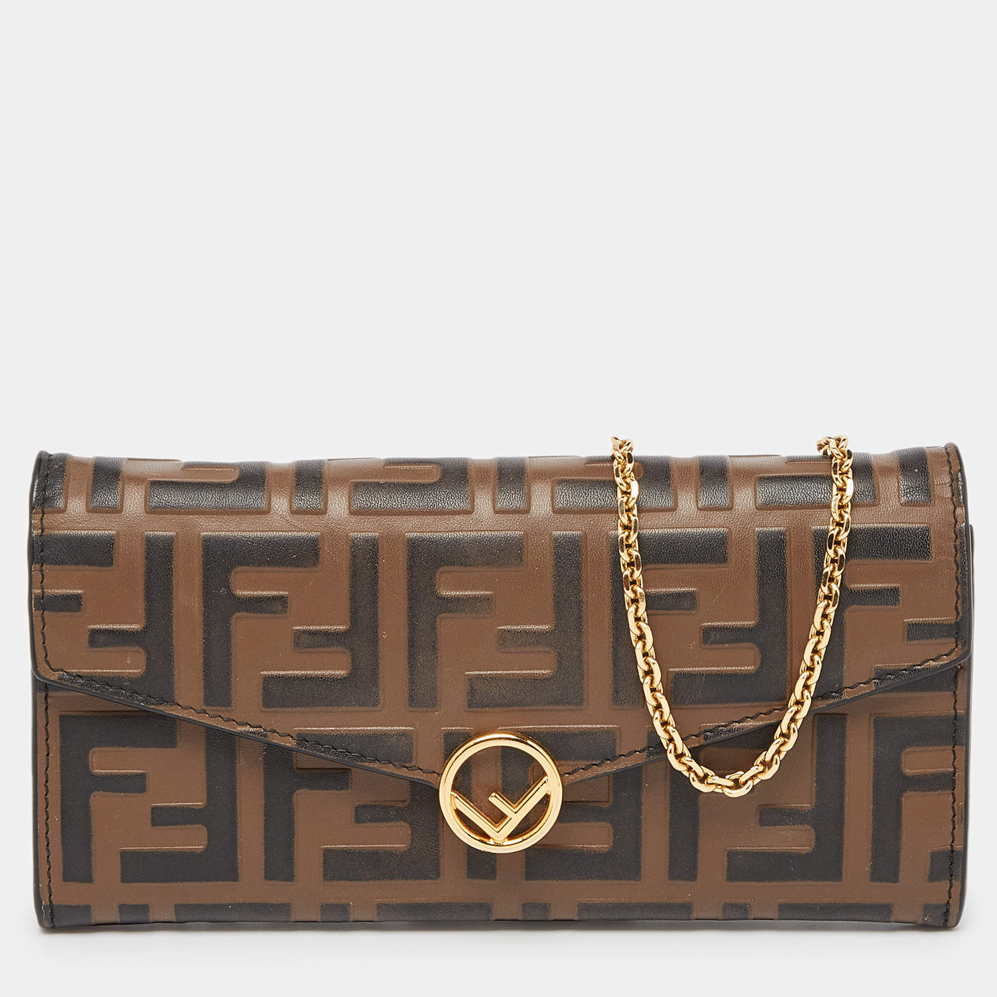 مملوكة مسبقًا Fendi Tobacco Zucca Embossed Leather Flap Wallet on Chain