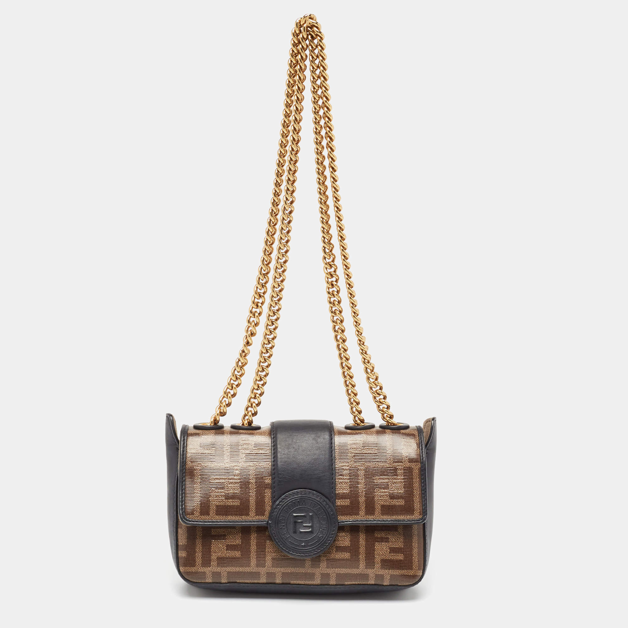 Pre Owned Fendi Tobacco Zucca Coated Canvas and Leather Mini 1974 Chain Shoulder Bag