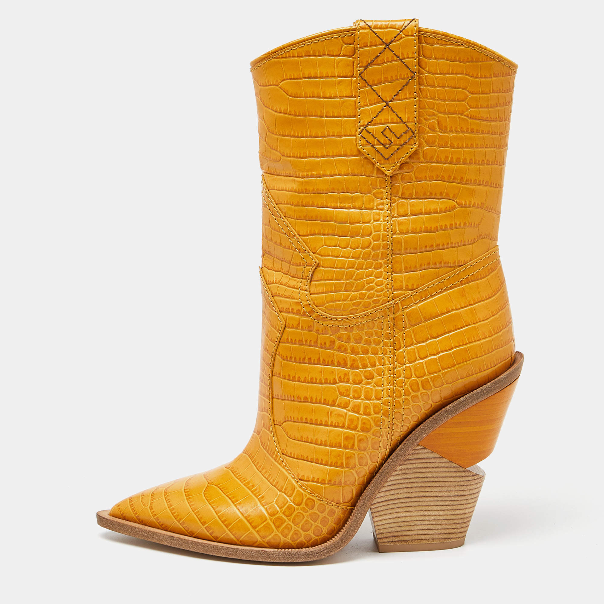 مملوكة مسبقًا Fendi Yellow Croc Embossed Leather Cowboy Mid Calf Boots Size 39