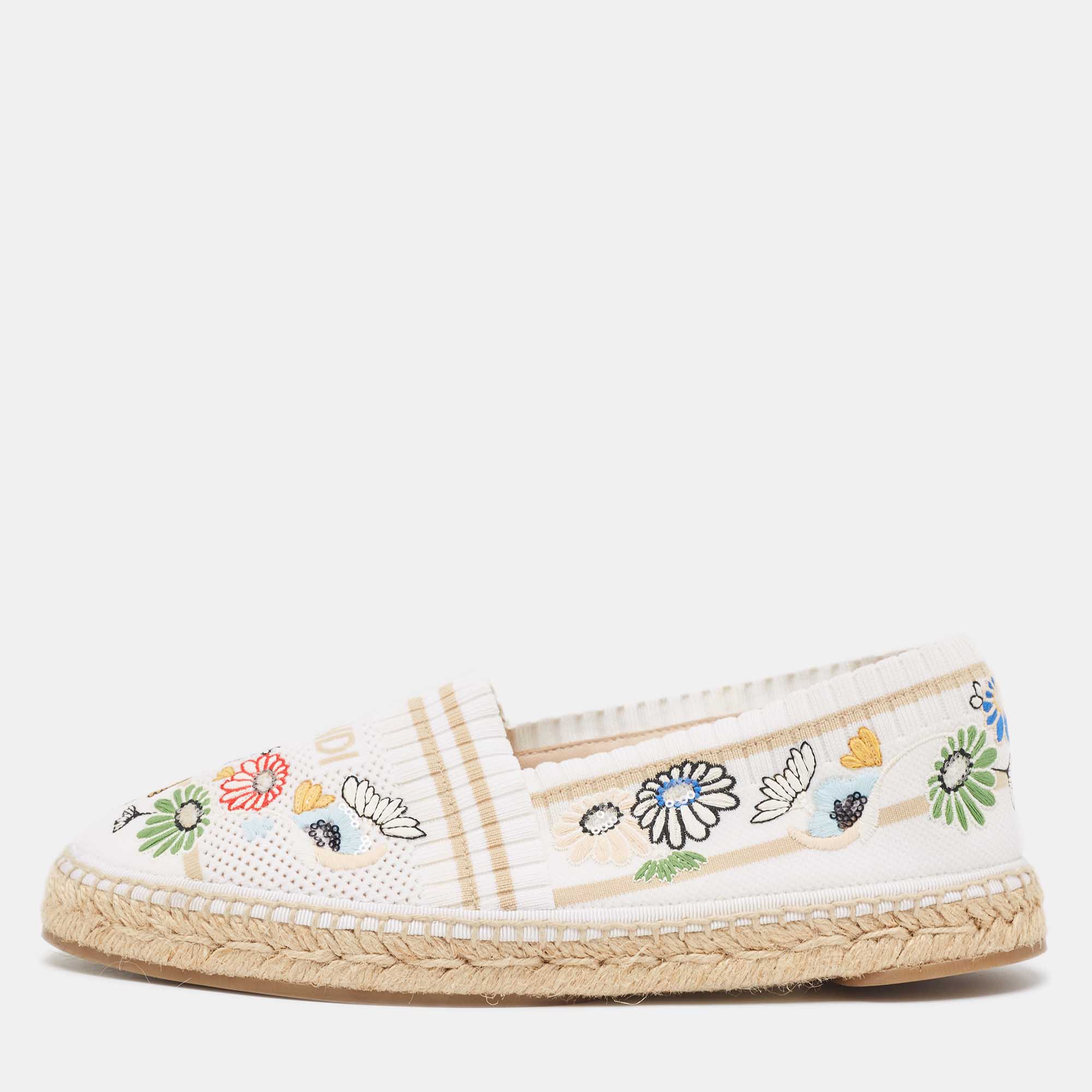 Pre Owned Fendi Multicolor Knit Fabric Floral Accents Espadrilles Size 39