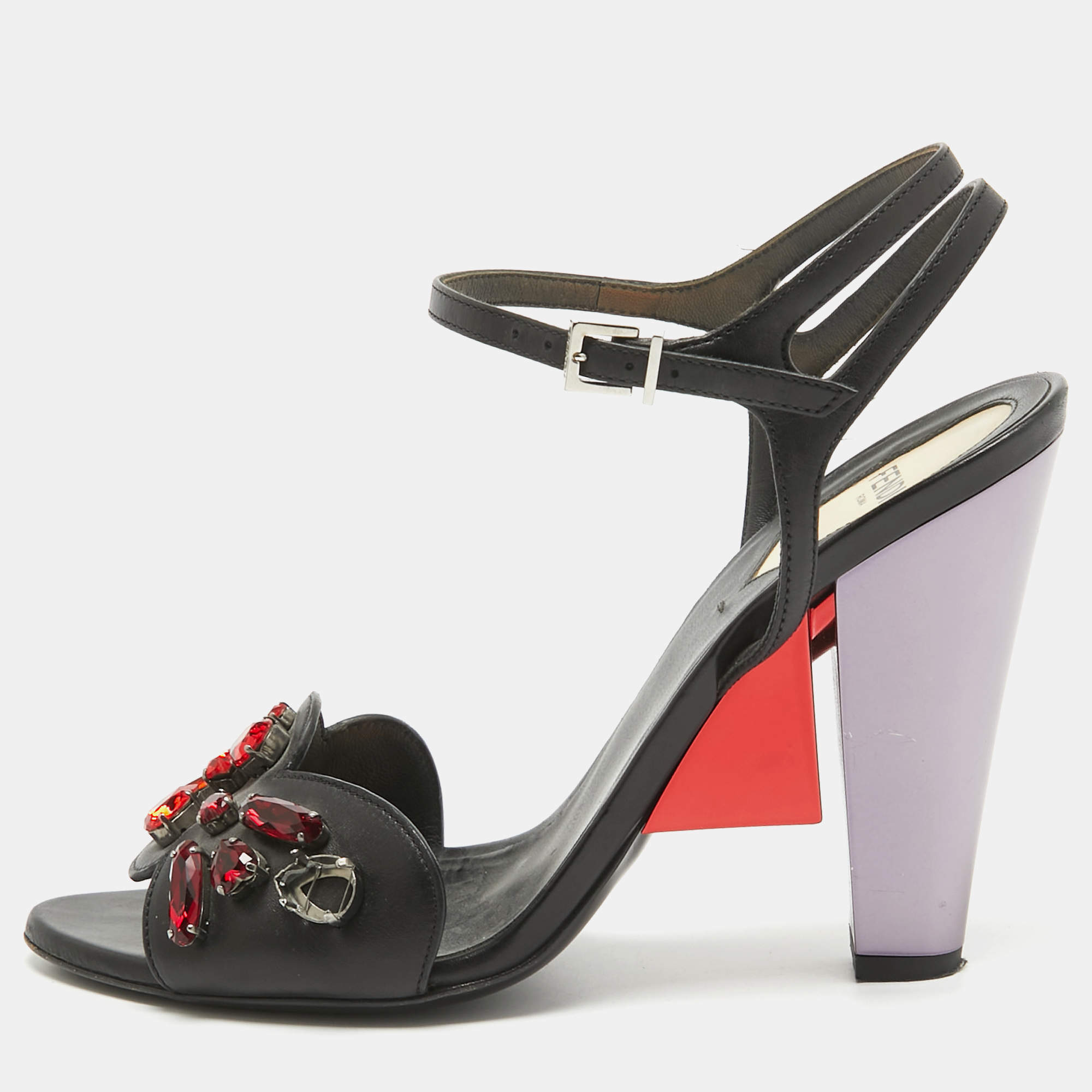 Fendi Black Leather Ankle Strap Crystal Embellished Ankle Strap Sandals Size 38 