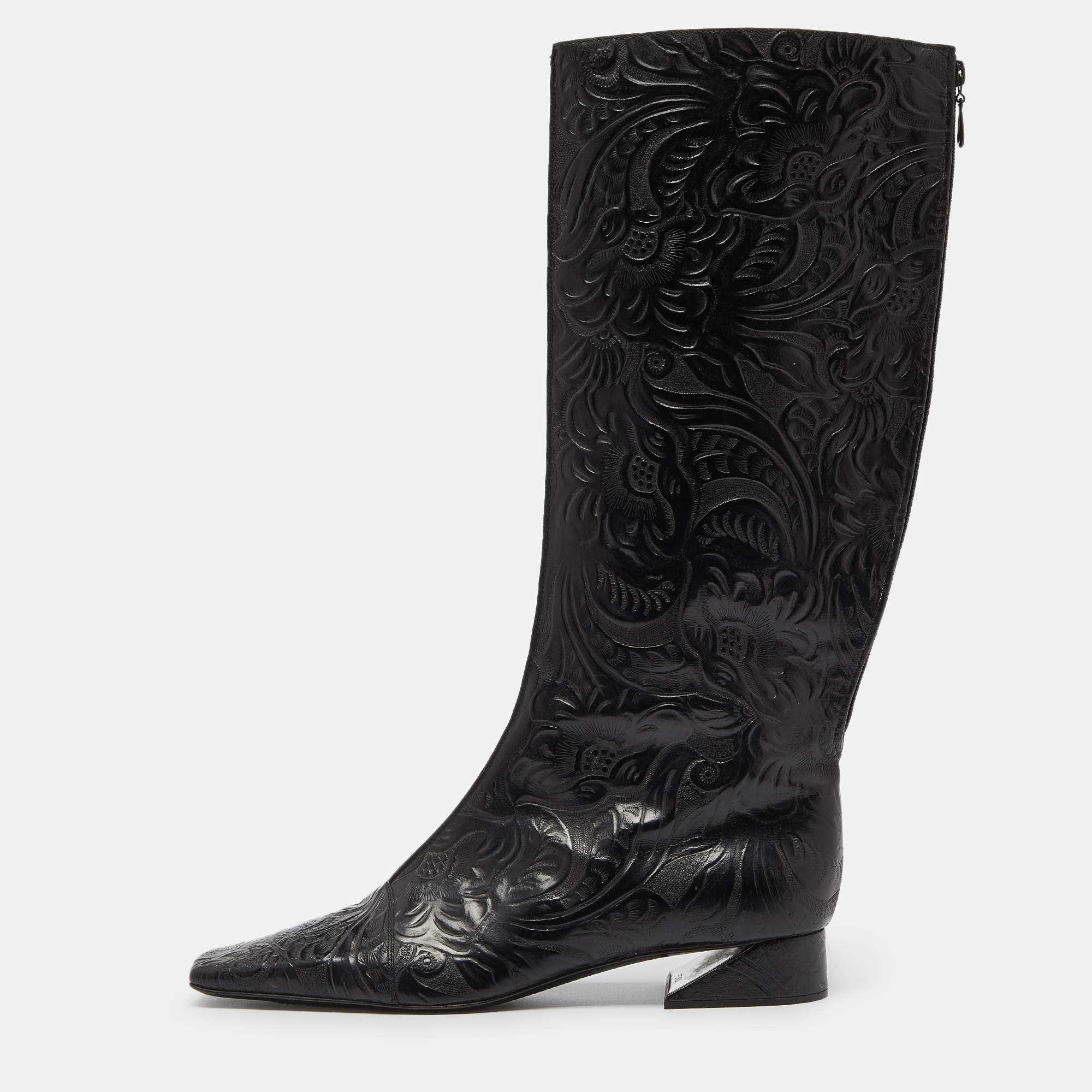 مملوكة مسبقًا Fendi Black Floral Leather Knee Length Boots Size 41