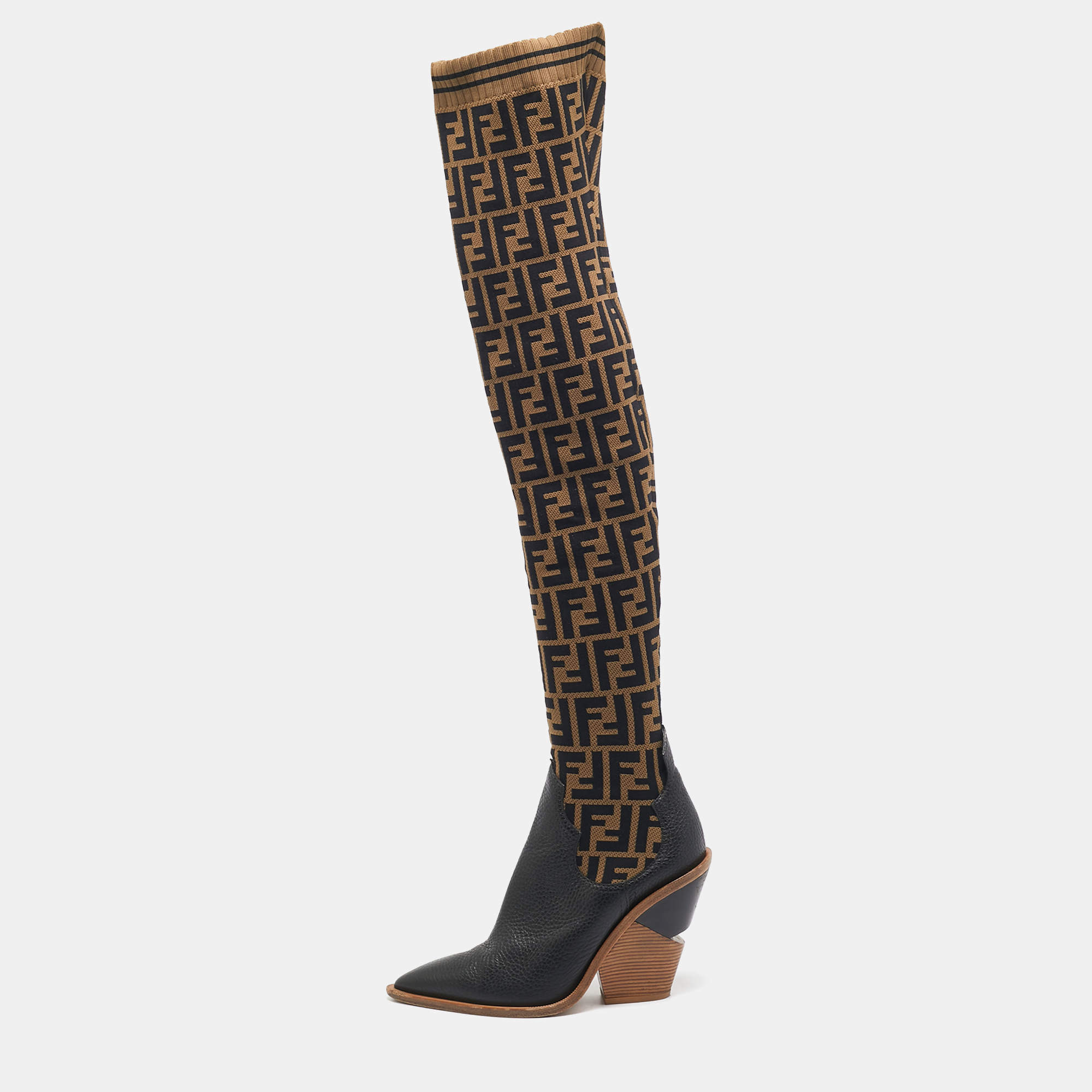 Pre Owned Fendi Brown/Black FF Zucca Canvas And Leather Over The Knee Length Boots Size 39