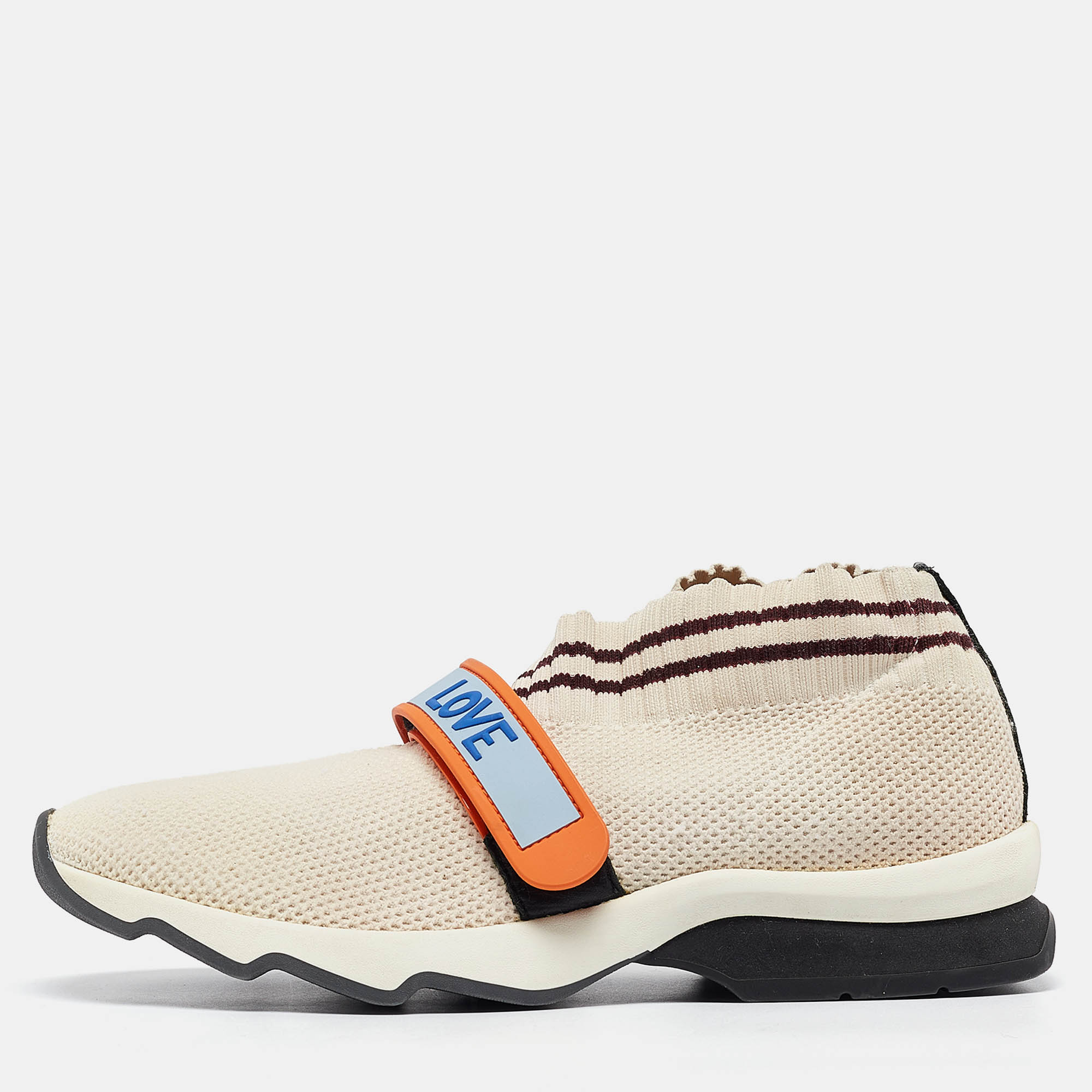 Pre Owned Fendi Cream/Burgundy Knit Fabric Rockoko Sneakers Size 37